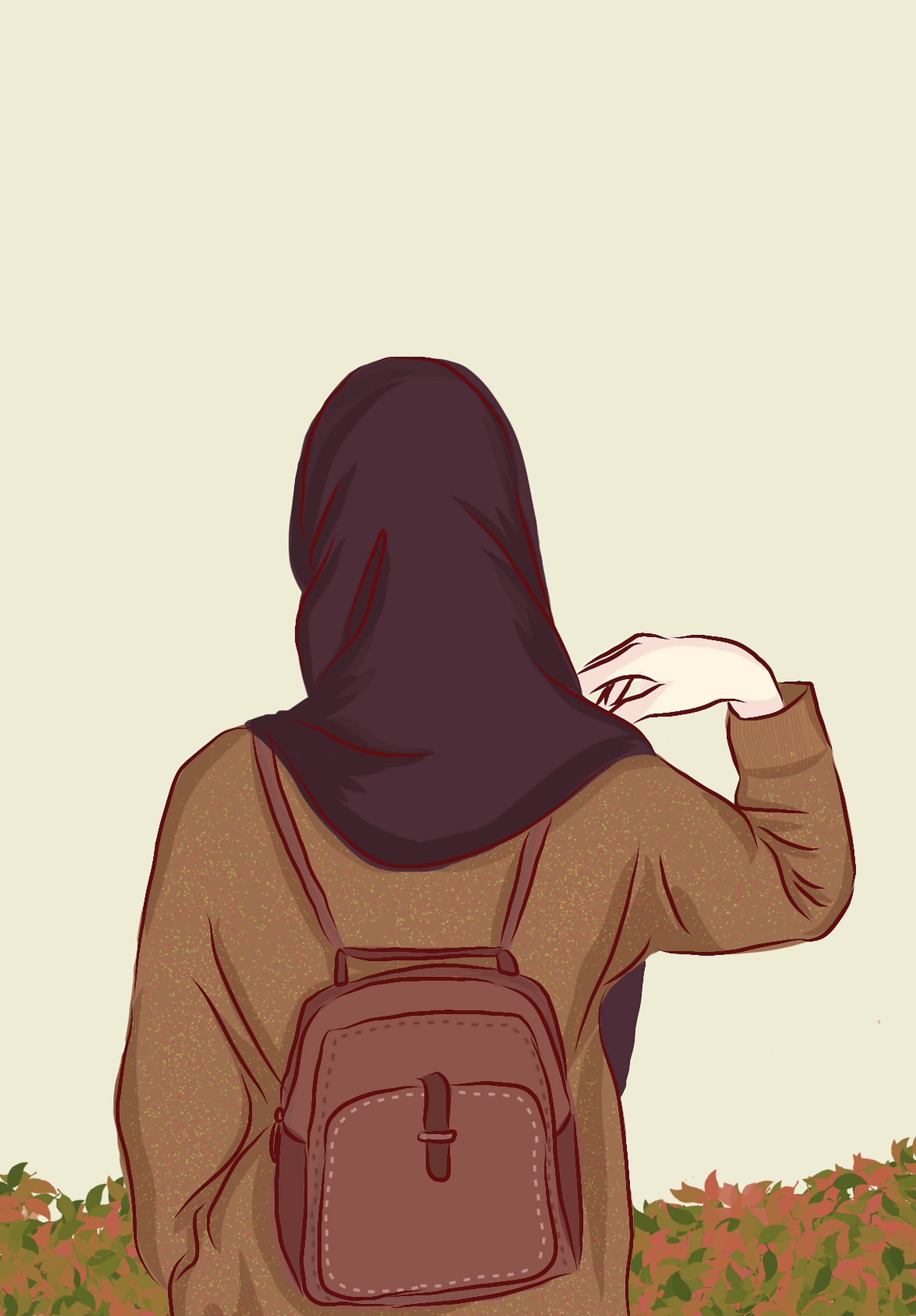 hijab cartoon 桌布 壁紙 — 一名戴頭巾和背背包的人背對鏡頭站立，手舉近臉，背景為柔和的米色，底部有秋葉。