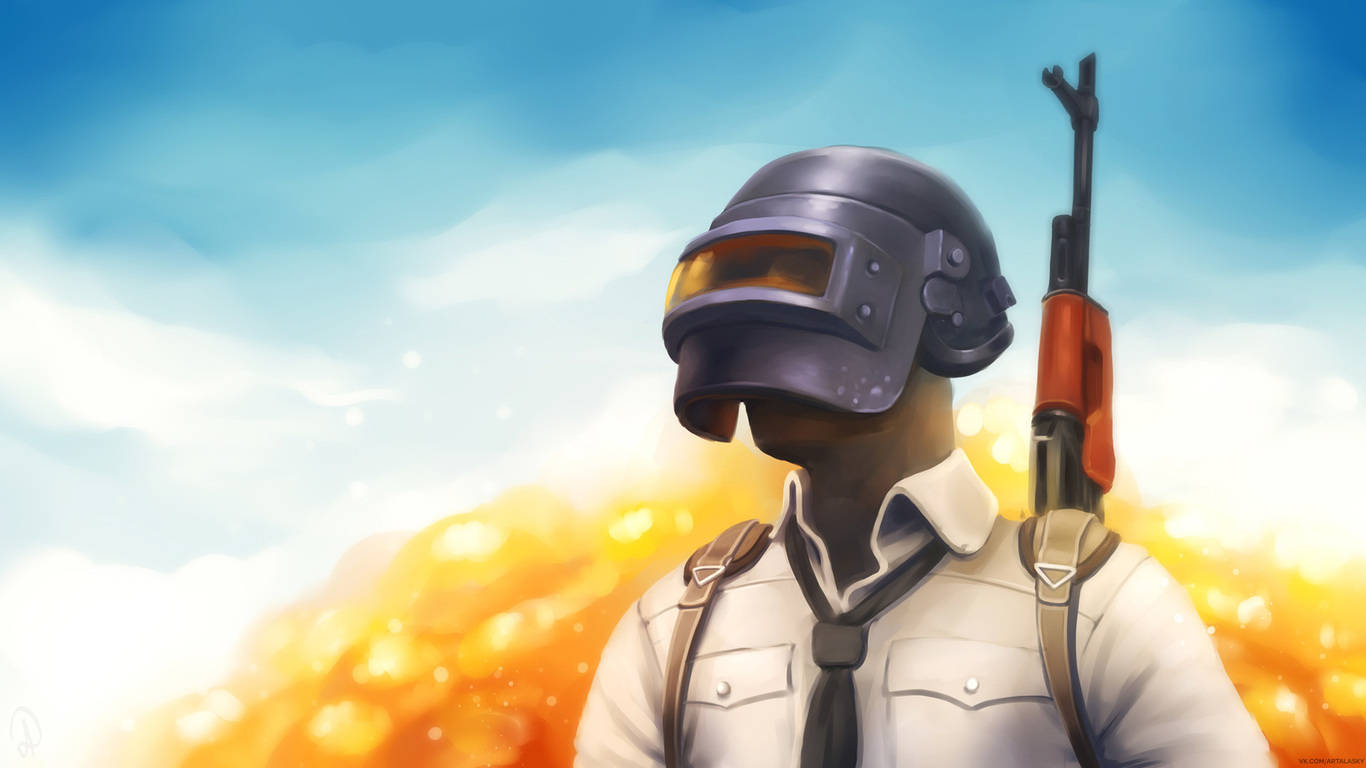 PUBG 桌布 壁紙 — 一名戴頭盔、身穿白襯衫的士兵，在藍天下以熾熱的爆炸為背景站立。