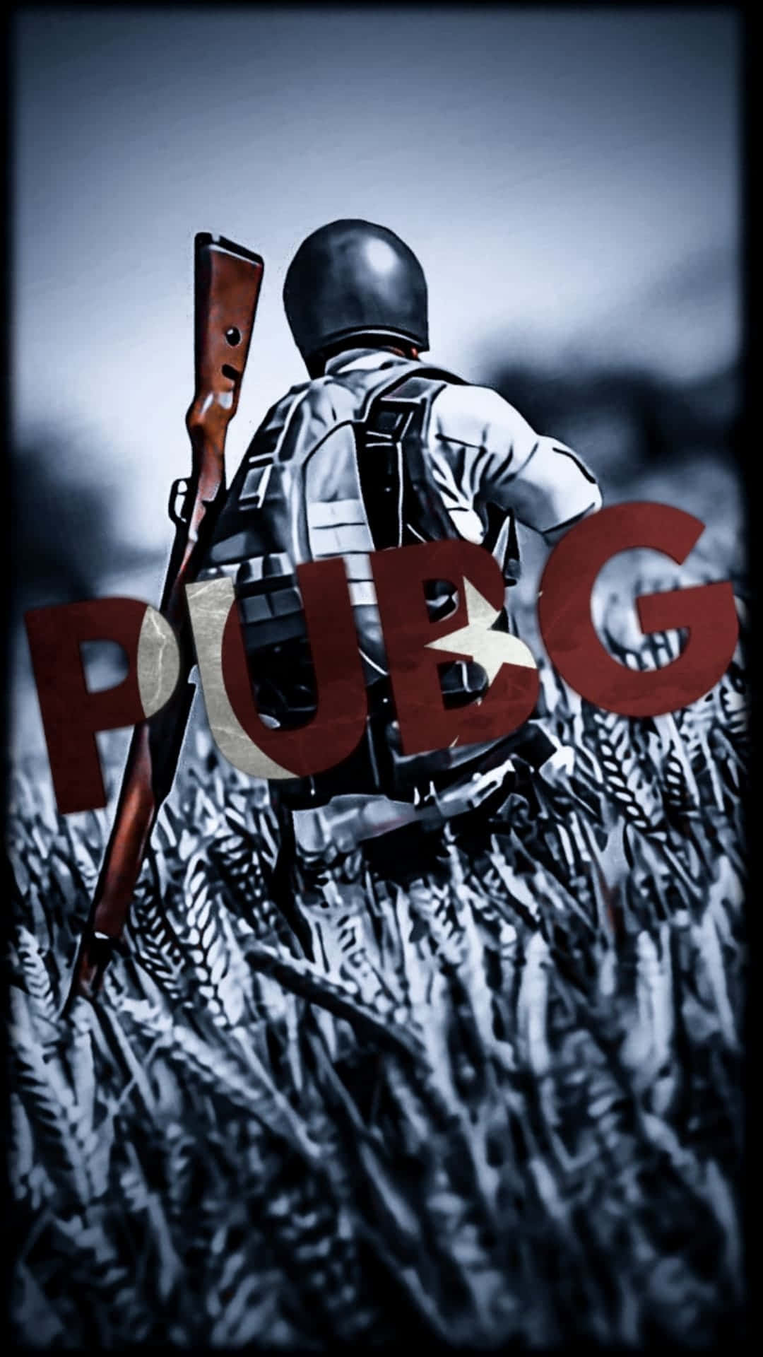 pubg mobile 桌布 壁紙 — 一名戴頭盔和穿背心的士兵穿過高草，手持步槍，上面覆蓋著PUBG標誌。