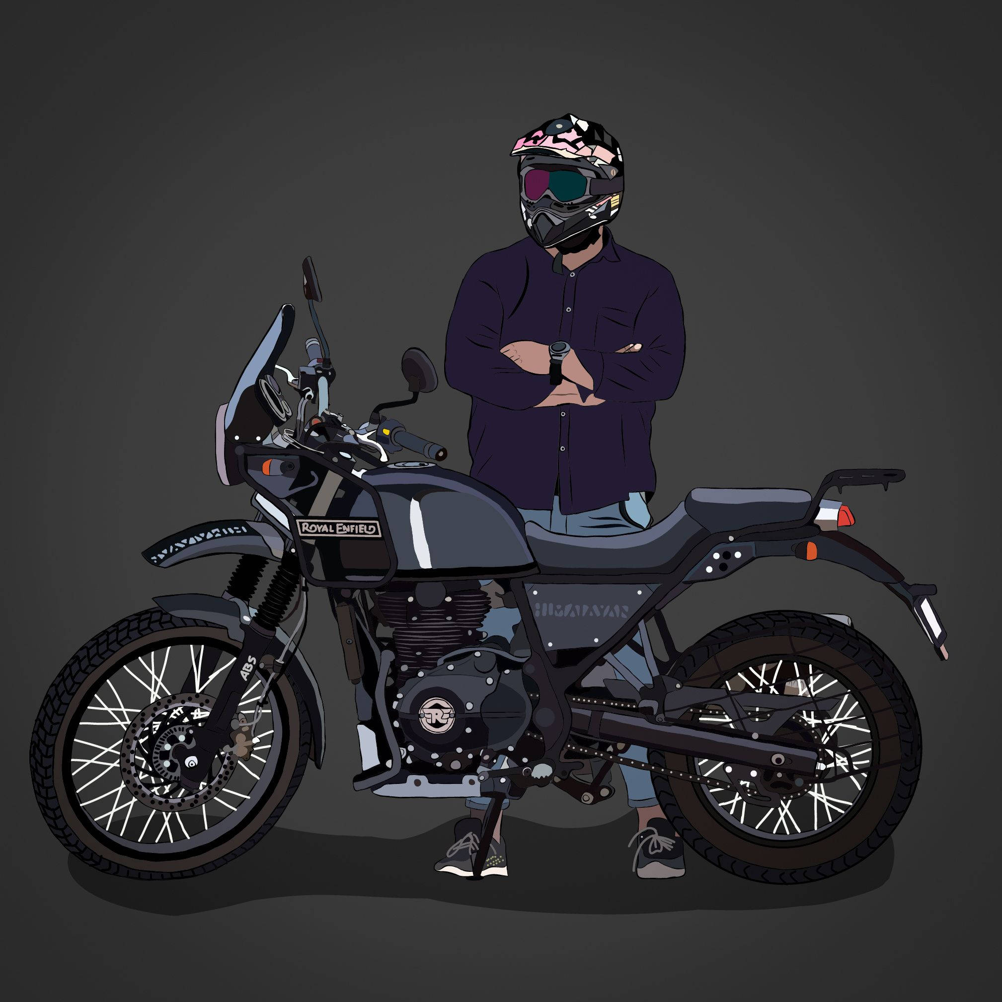 自行車 桌布 壁紙 — 一名戴頭盔的騎士自信地站在黑色 Royal Enfield 電單車旁，背景為深灰色。