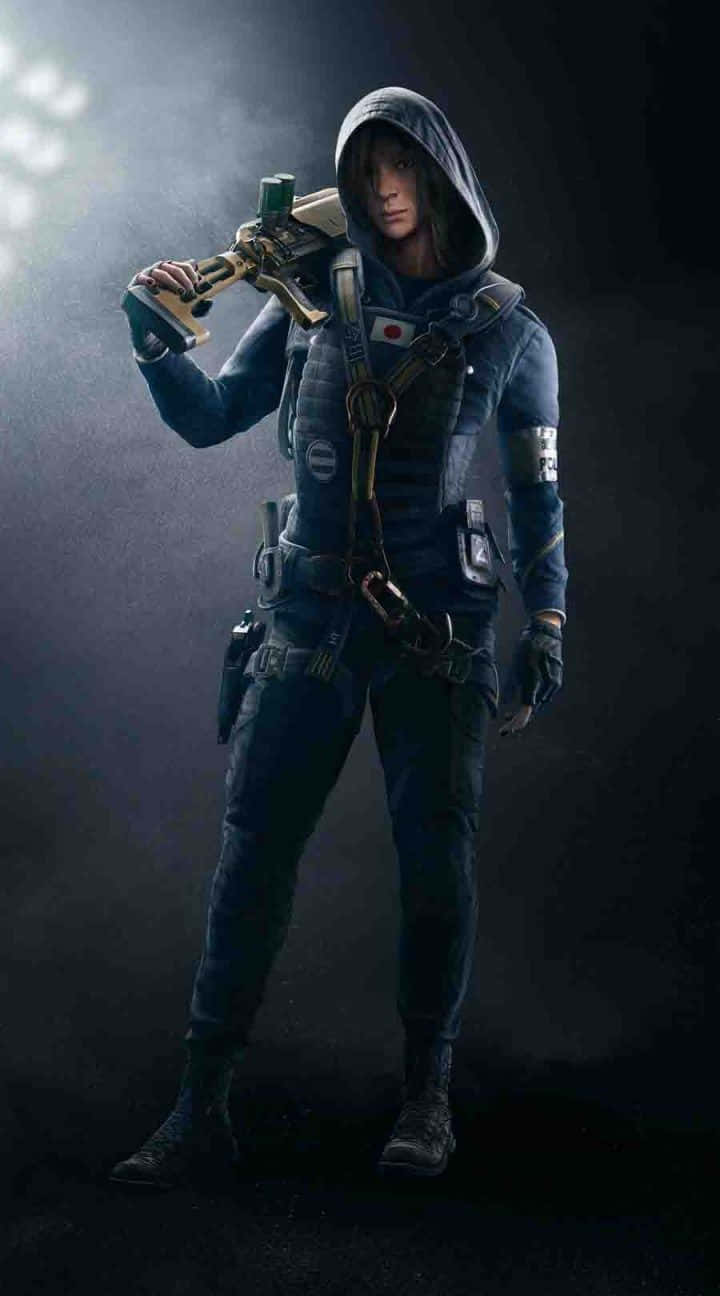 Hibana R6 桌布 壁紙 — 一名戴頭罩的士兵身穿戰術裝備，在黑暗背景的戲劇性聚光燈下持步槍。