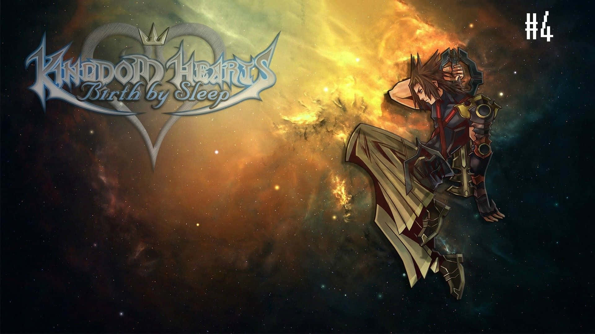 Kingdom Hearts Terra 桌布 壁紙 — 一名手持大劍的戰士漂浮在熾熱的宇宙星雲背景前，背景中帶有王國之心 誕生於睡眠的標誌。