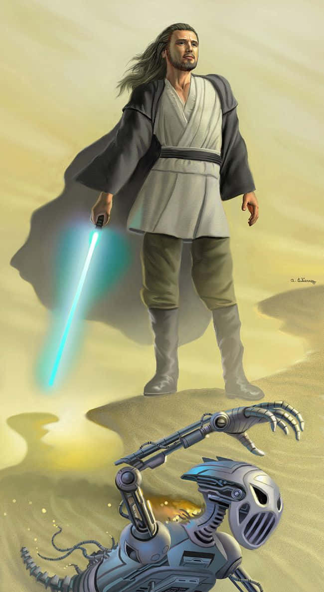 Qui-gon Jinn 桌布 壁紙 — 一名手持藍色光劍的絕地武士站在沙漠景觀中，倒下的機器人上方，天空朦朧。