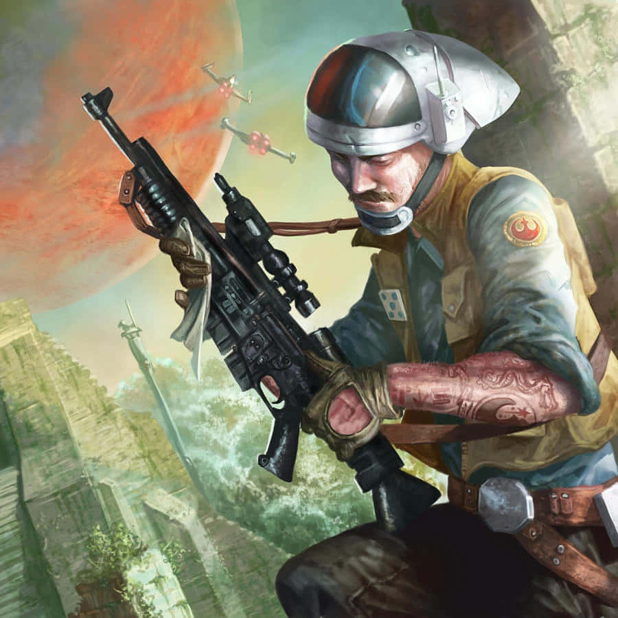 Blaster Rifles 桌布 壁紙 — 一名手臂有紋身的反抗軍士兵在紅色行星天空下的峽谷景觀中瞄準爆能步槍。