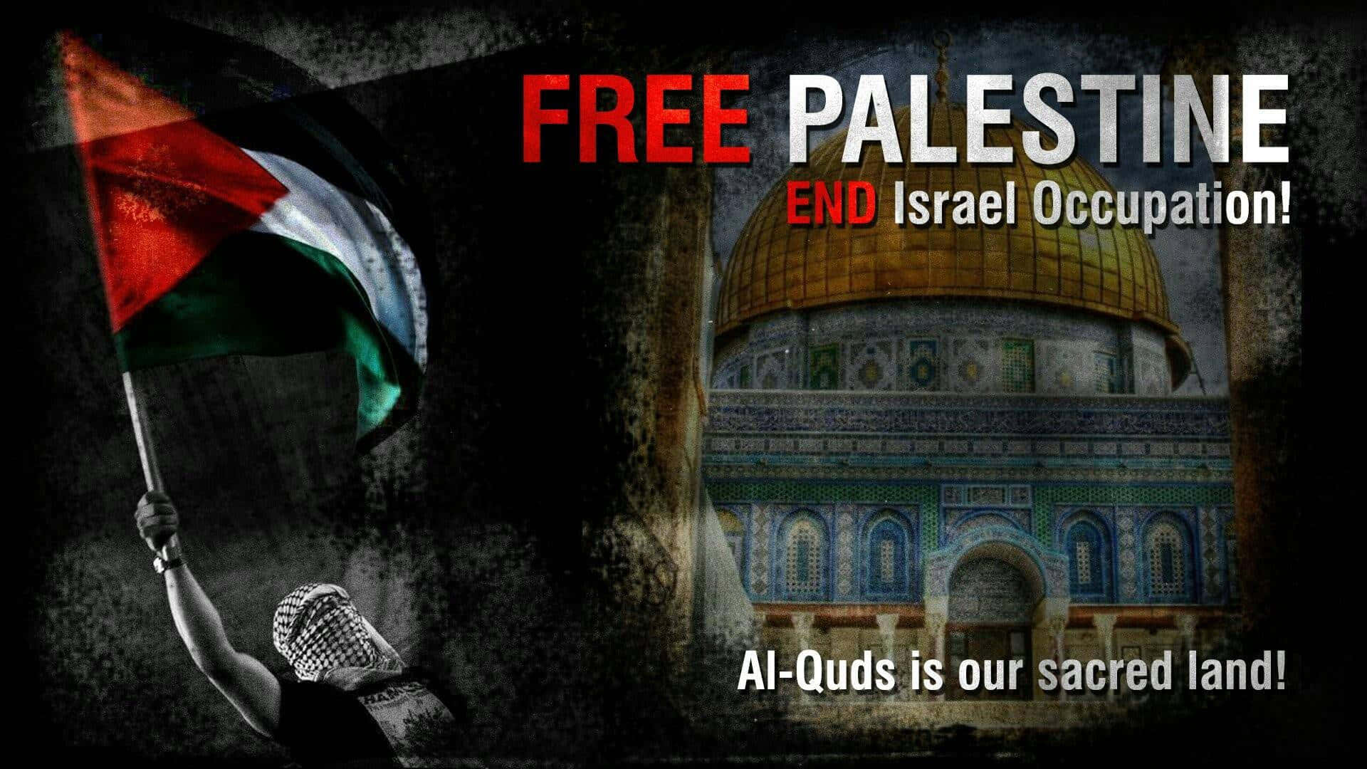 Palestine 桌布 壁紙 — 一名抗議者在圓頂清真寺背景下揮舞巴勒斯坦旗幟，並帶有鮮明的政治口號。