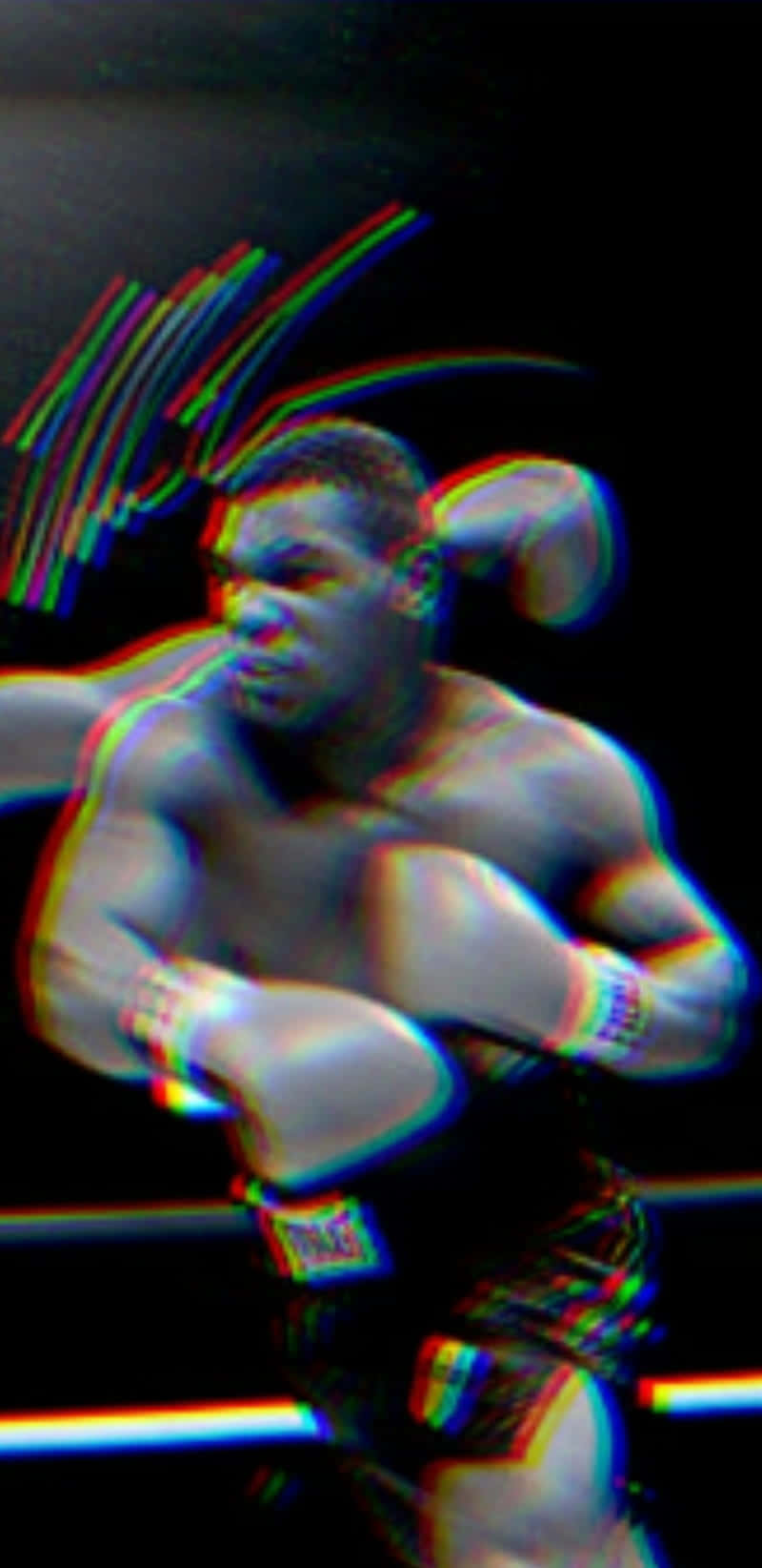 mike tyson 桌布 壁紙 — 一名拳擊手在擂台上出拳中，帶有強烈的色差和動態模糊，背景昏暗。