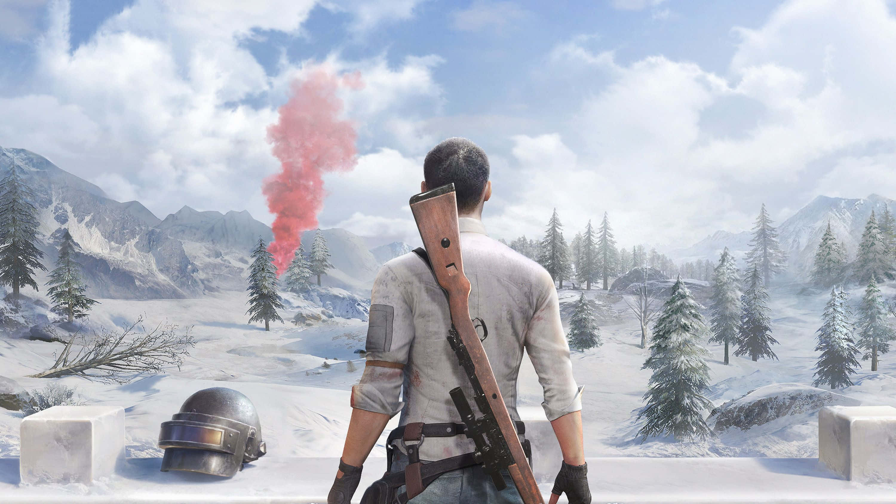 Winter Games 桌布 壁紙 — 一名持步槍的士兵站在白雪覆蓋的山地景觀中，一道紅色煙霧信號升入多雲的天空。