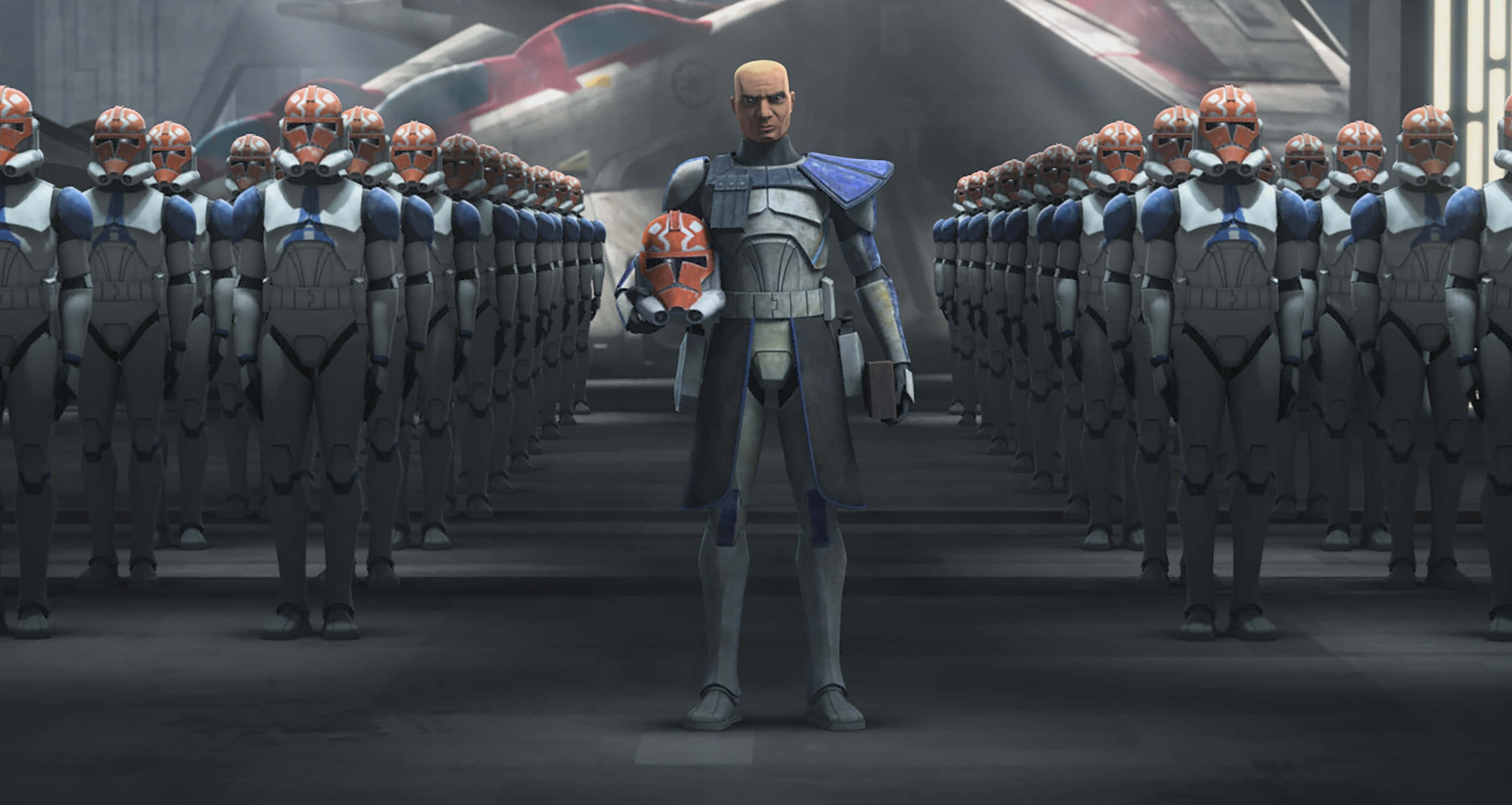 The Clone Army 桌布 壁紙 — 一名指揮克隆人士兵在昏暗的機庫中，在星際戰鬥機下方，面對一排排相同的士兵立正站好。