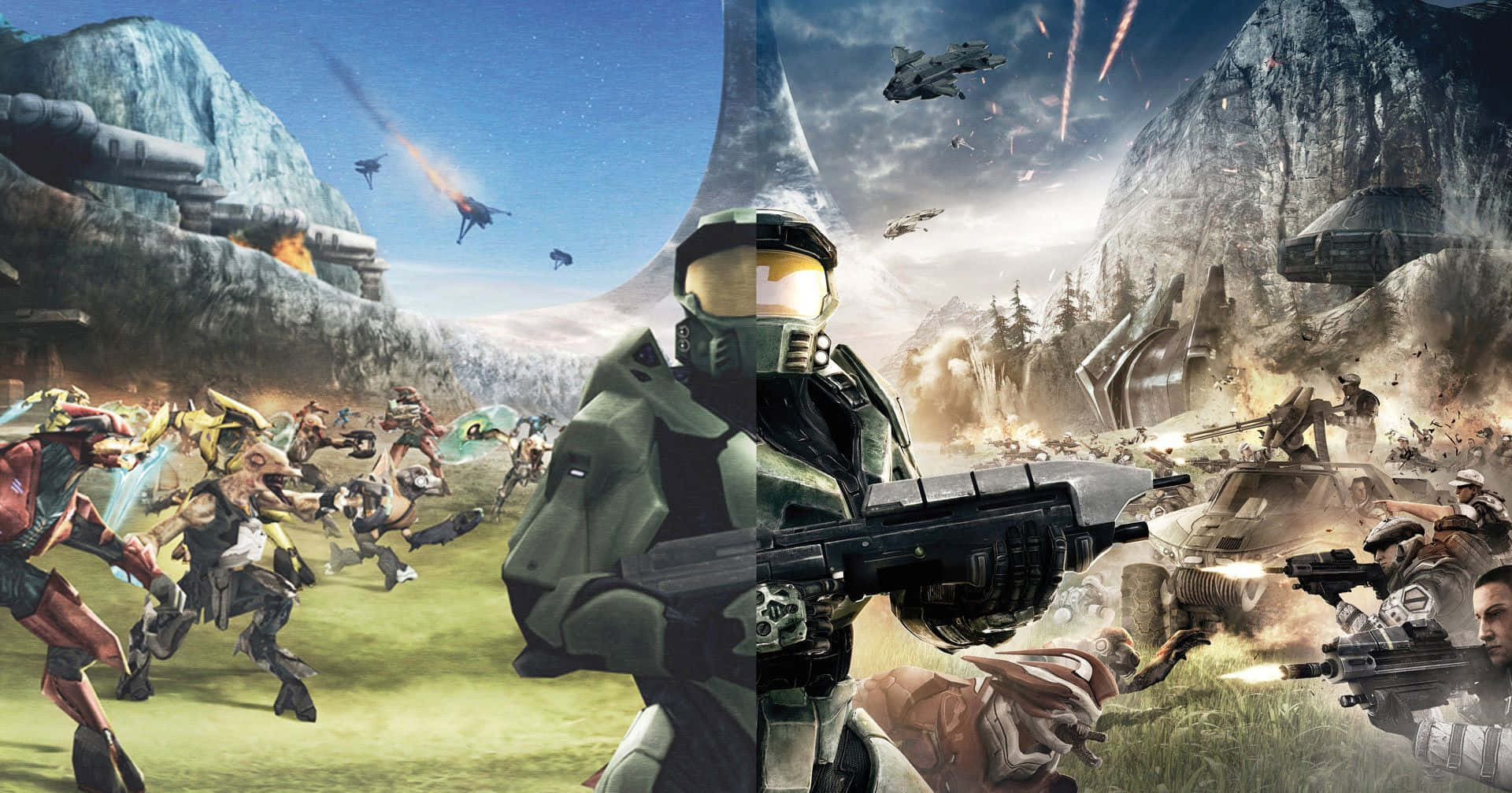 Halo Battle 桌布 壁紙 — 一名斯巴達戰士站在星空下，身處一個充滿外星戰士和未來車輛的混亂戰場中央。