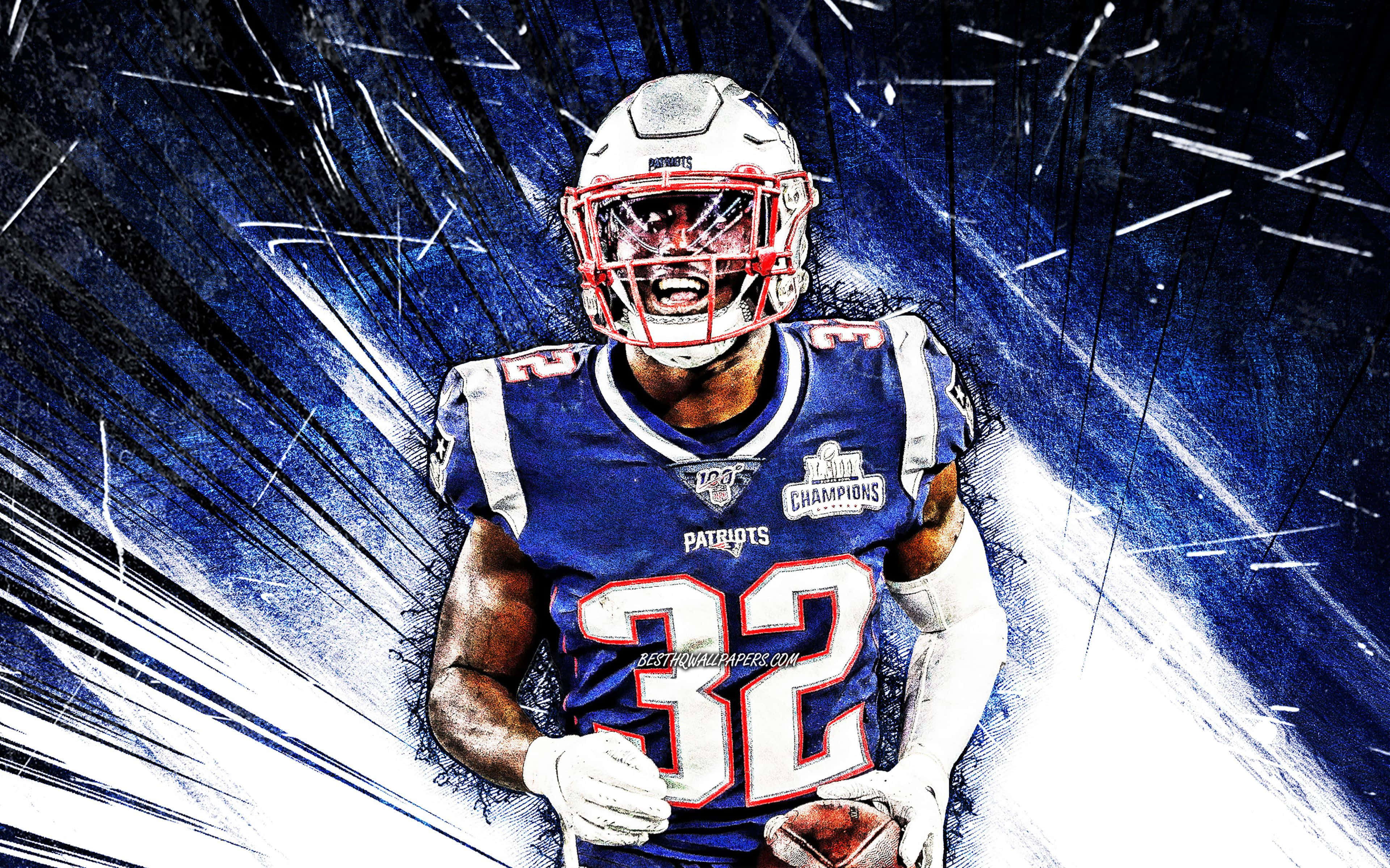 Devin Mccourty 桌布 壁紙 — 一名新英格蘭愛國者隊美式足球員（32號）在動態的藍白條紋背景下猛烈向前衝刺。