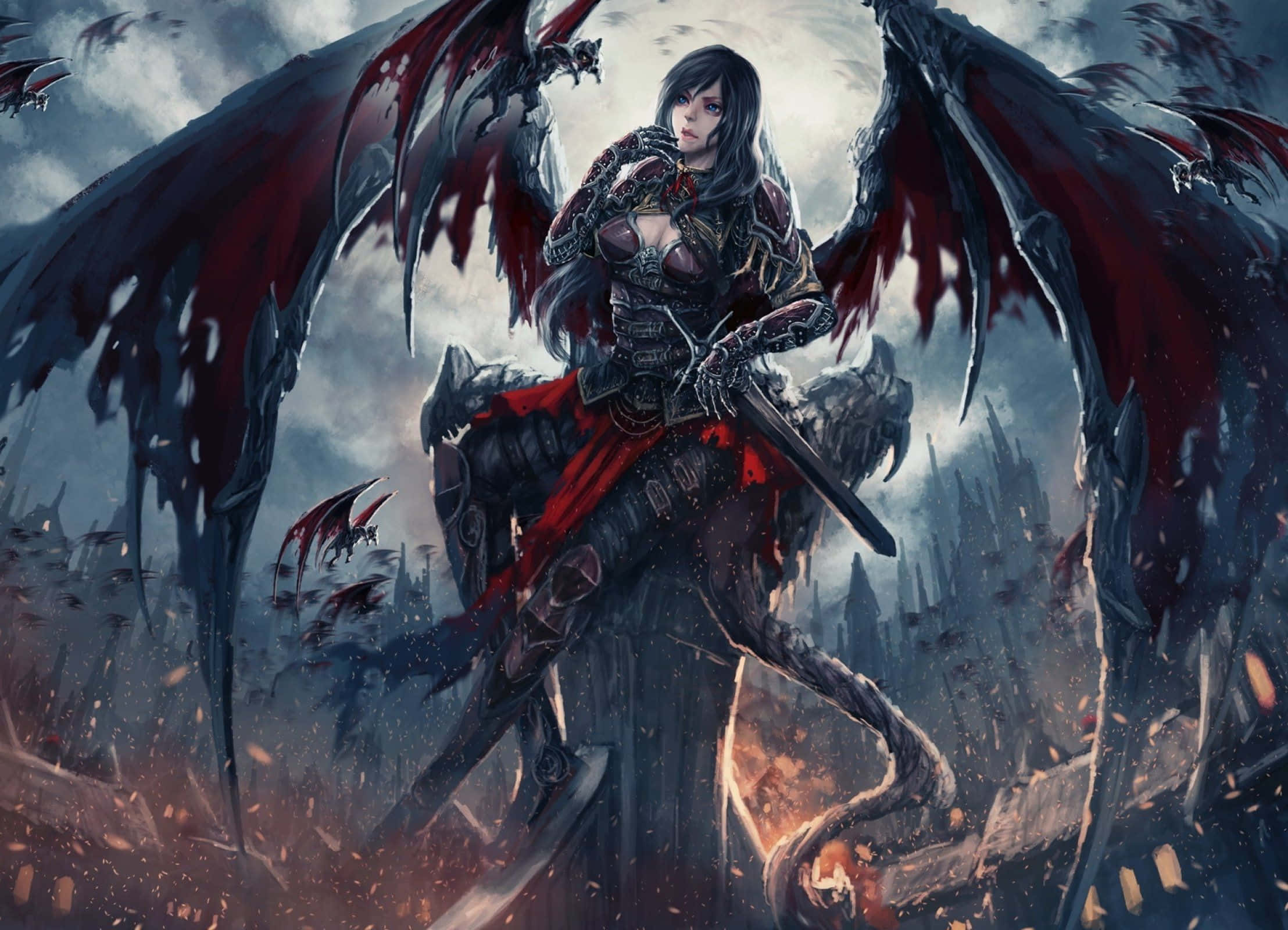 Cool Demon 桌布 壁紙 — 一名暗黑翼戰士，身穿血跡斑斑的盔甲，手持劍，站在風暴天空下的廢墟城市之上。