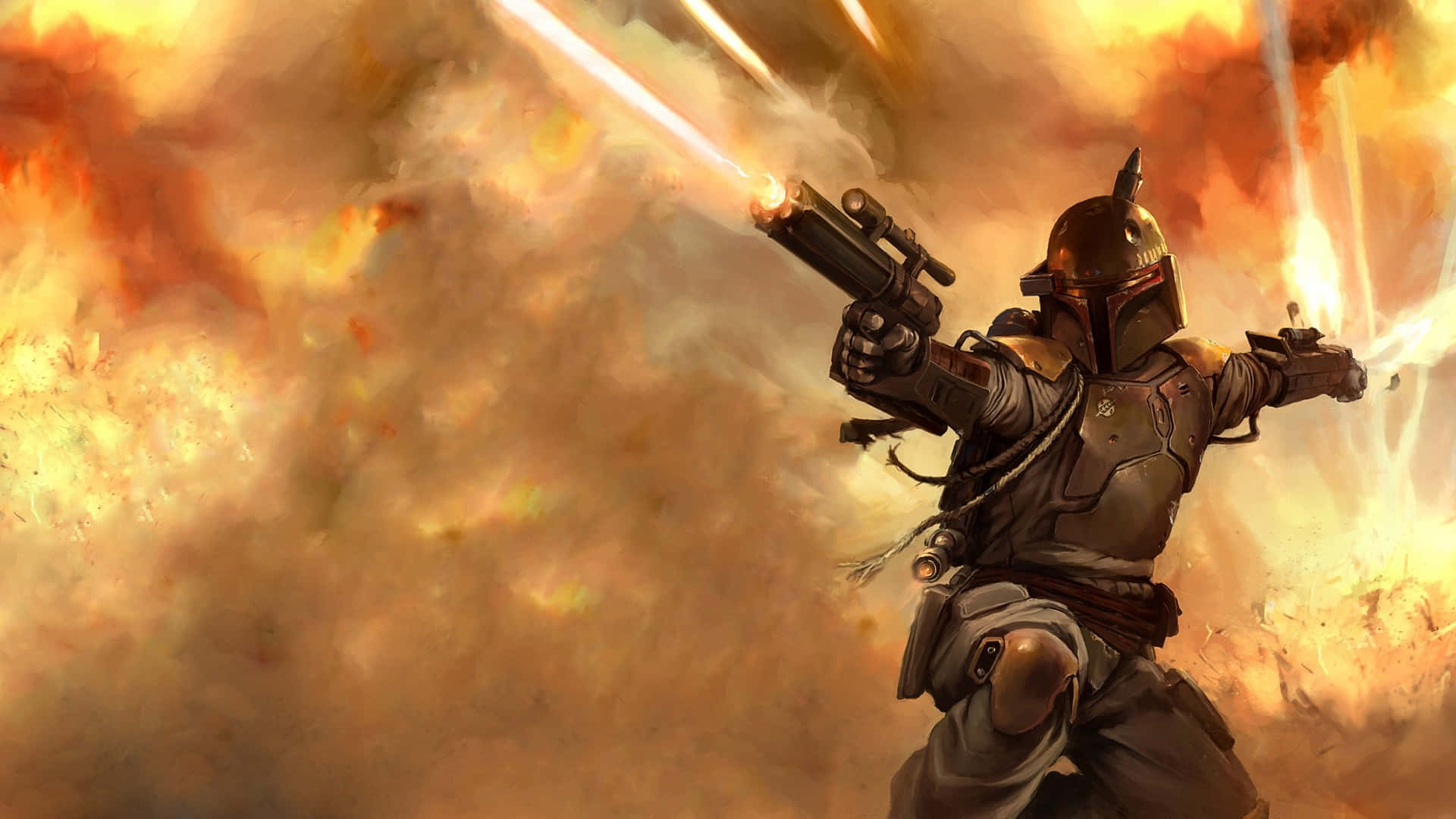 Jango Fett 桌布 壁紙 — 一名曼達洛戰士在混亂的戰鬥場景中，於熾熱的爆炸中發射雙爆能槍。