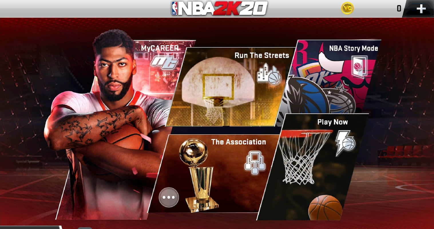 NBA 2k20 桌布 壁紙 — 一名有紋身的籃球運動員在NBA 2K20模式及獎盃的遊戲選單背景下持球。