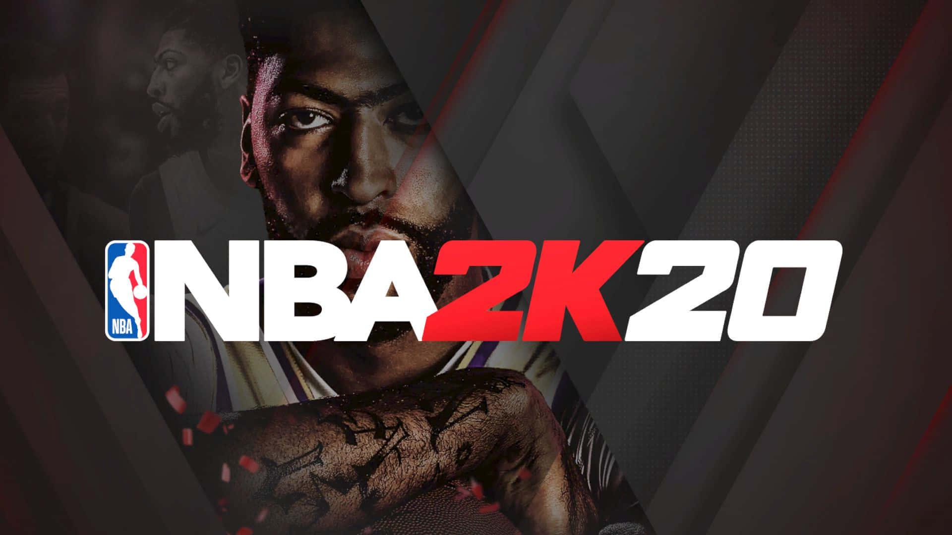 NBA 2k20 桌布 壁紙 — 一名有紋身的籃球運動員在黑暗幾何背景前，NBA 2K20標誌主導前景，他凝視著。