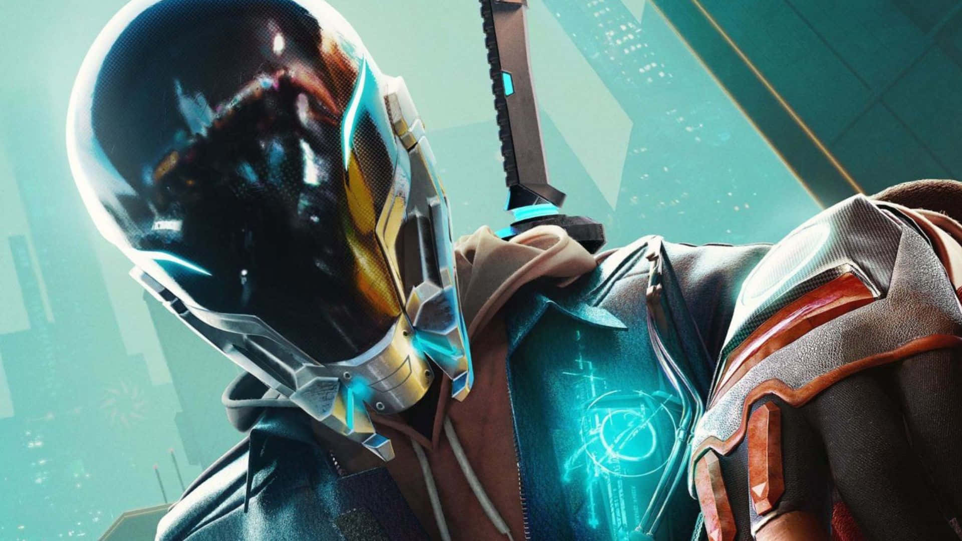 HD Gaming 桌布 壁紙 — 一名未來戰士戴著時尚頭盔和裝甲外套，手持發光劍，在霓虹城市景觀中準備就緒。