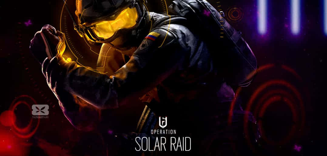 Rainbow Six Siege Bandit 桌布 壁紙 — 一名未來戰士戴著發光黃色護目鏡和黑色盔甲，蹲在充滿全息圓圈和紫色光線的霓虹燈賽博朋克環境中。