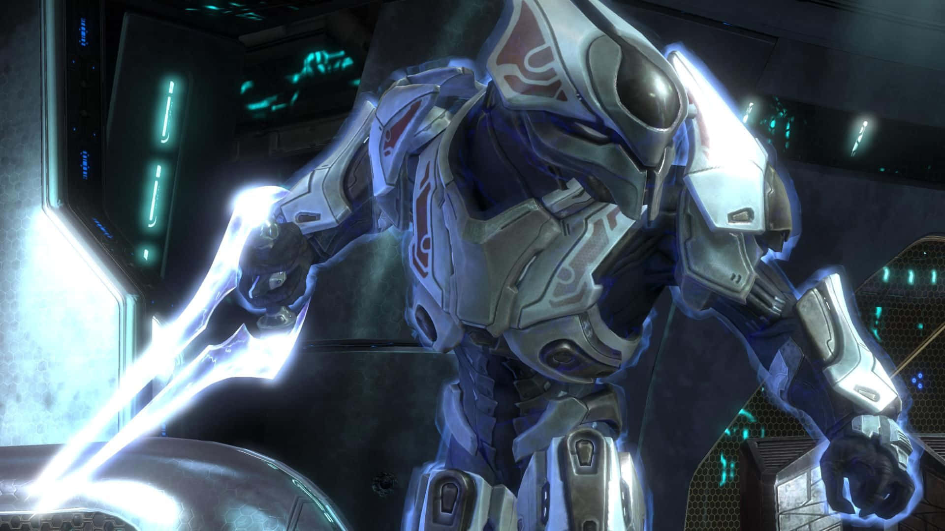 Halo Covenant 桌布 壁紙 — 一名未來風格的裝甲戰士，在高科技太空船駕駛艙內揮舞著發光的能量劍。