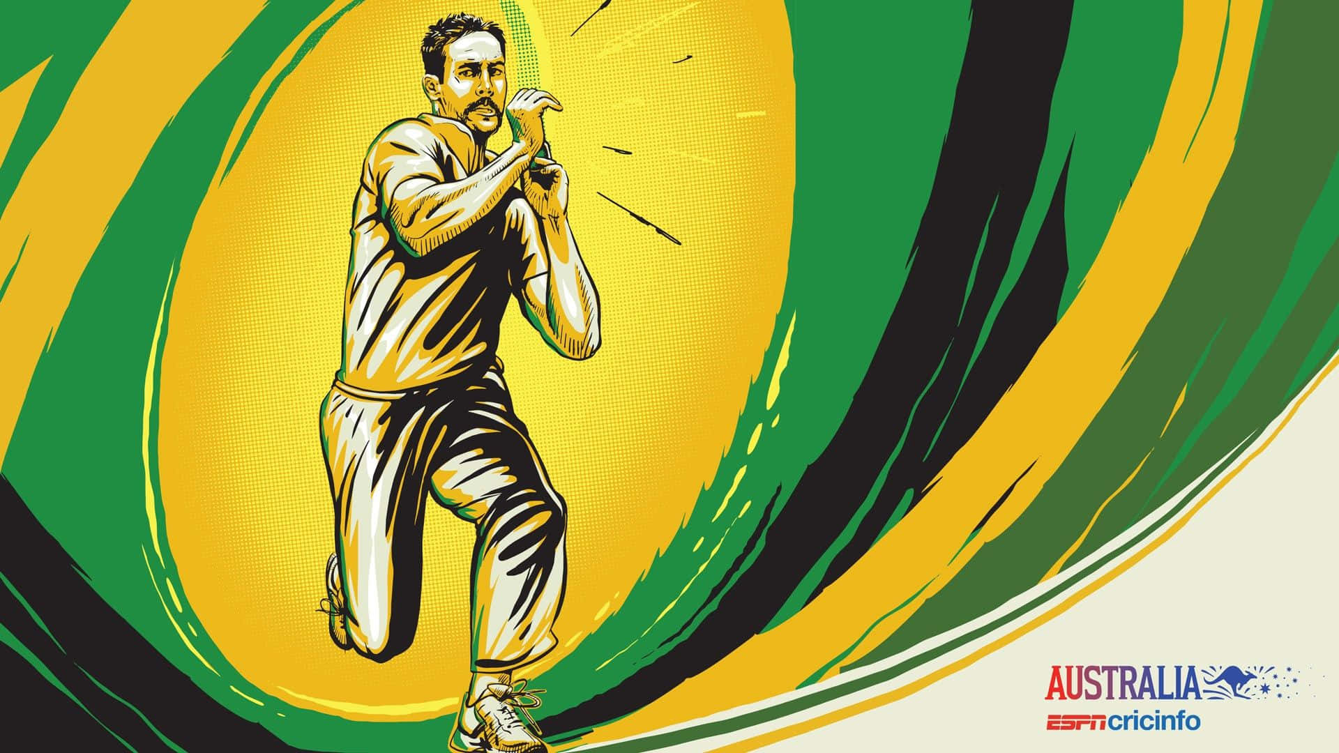Cricket 桌布 壁紙 — 一名板球投手在充滿活力的綠色和黃色漩渦背景中，帶有半色調圓點，正在動作中。