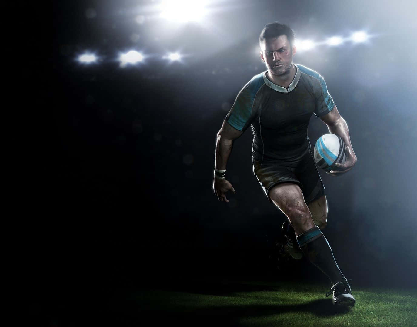 Rugby 桌布 壁紙 — 一名欖球運動員在球場燈光下帶球衝刺，投射出戲劇性的陰影。