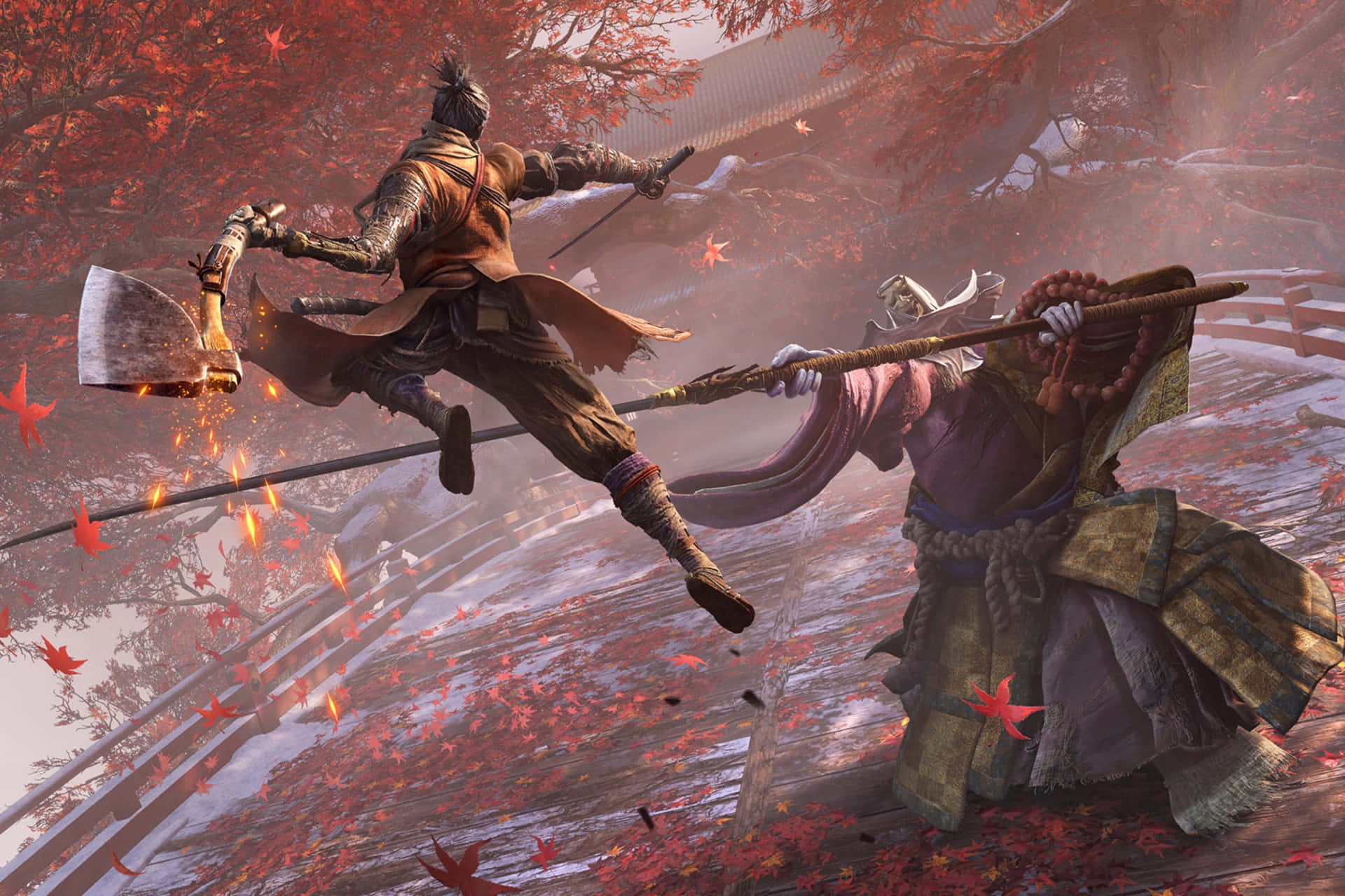 Adventure Games 桌布 壁紙 — 一名武士在半空中揮舞著火焰斧頭，在紅楓樹下的雪地日本庭院中與一名僧侶戰鬥。