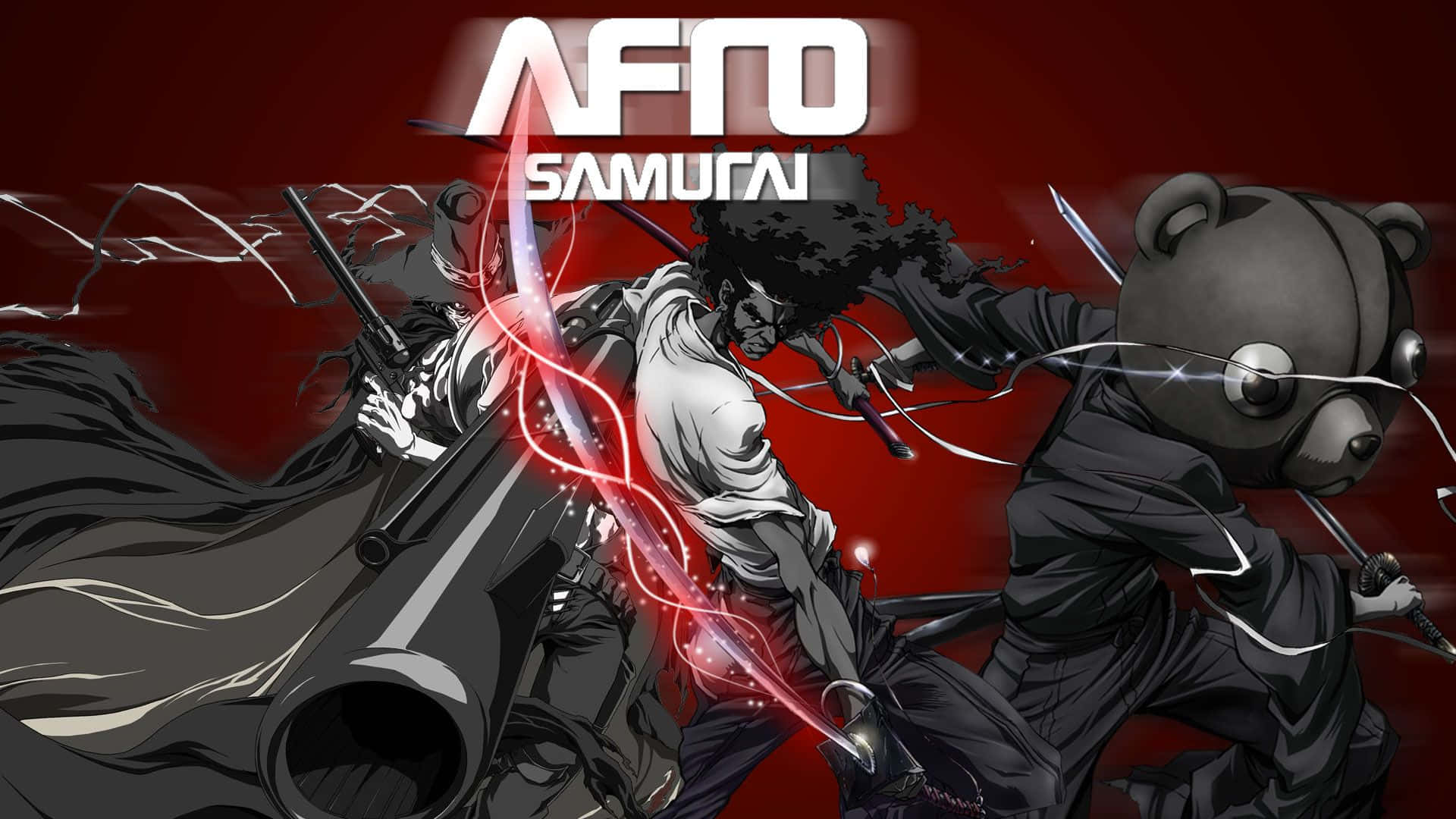 Afro Samurai 桌布 壁紙 — 一名武士與熊頭戰士戰鬥，發光的紅色劍在深紅色背景上交鋒。