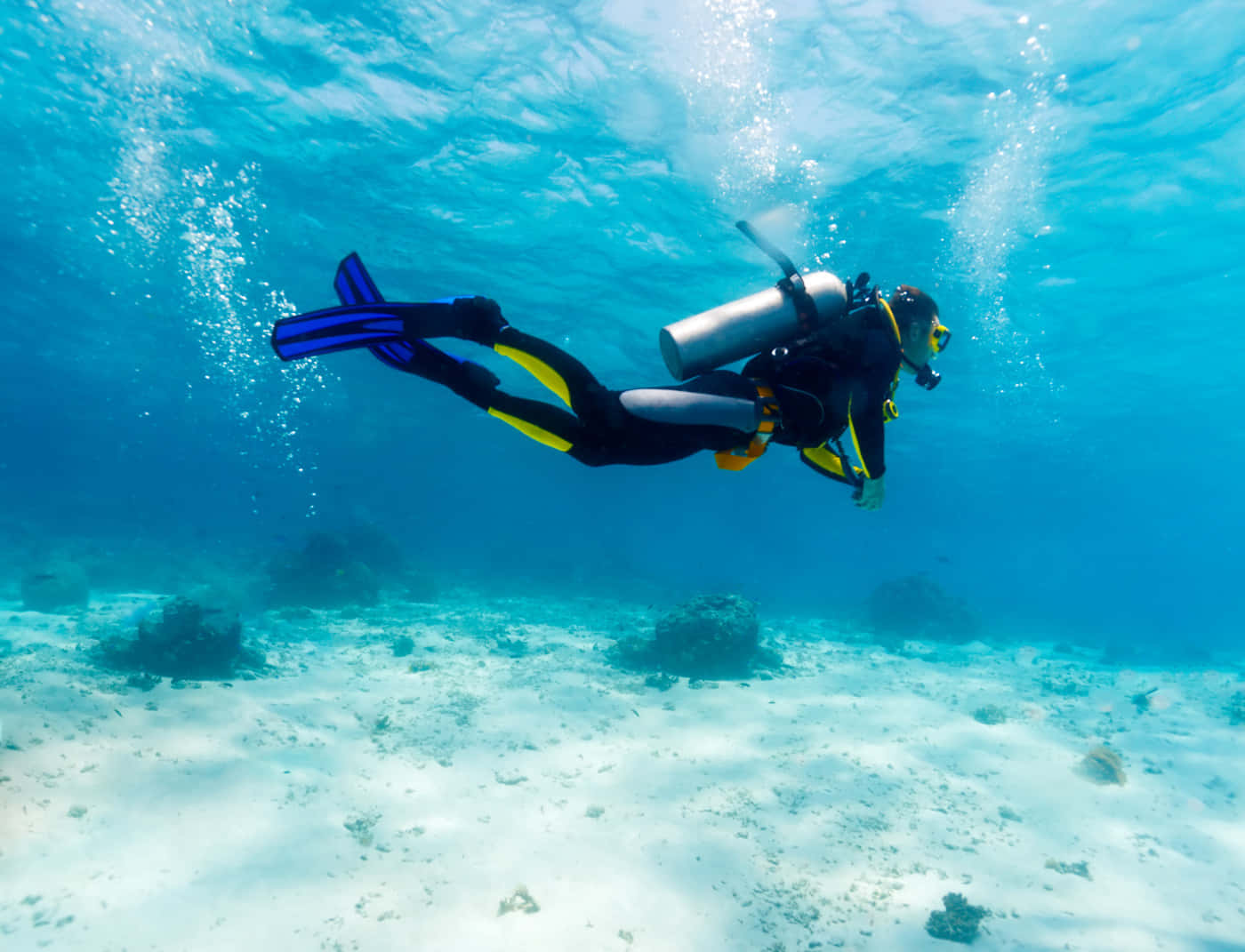 diving 桌布 壁紙 — 一名水肺潛水員在清澈碧綠的海水中優雅地滑行，下方是佈滿岩石的沙質海床。