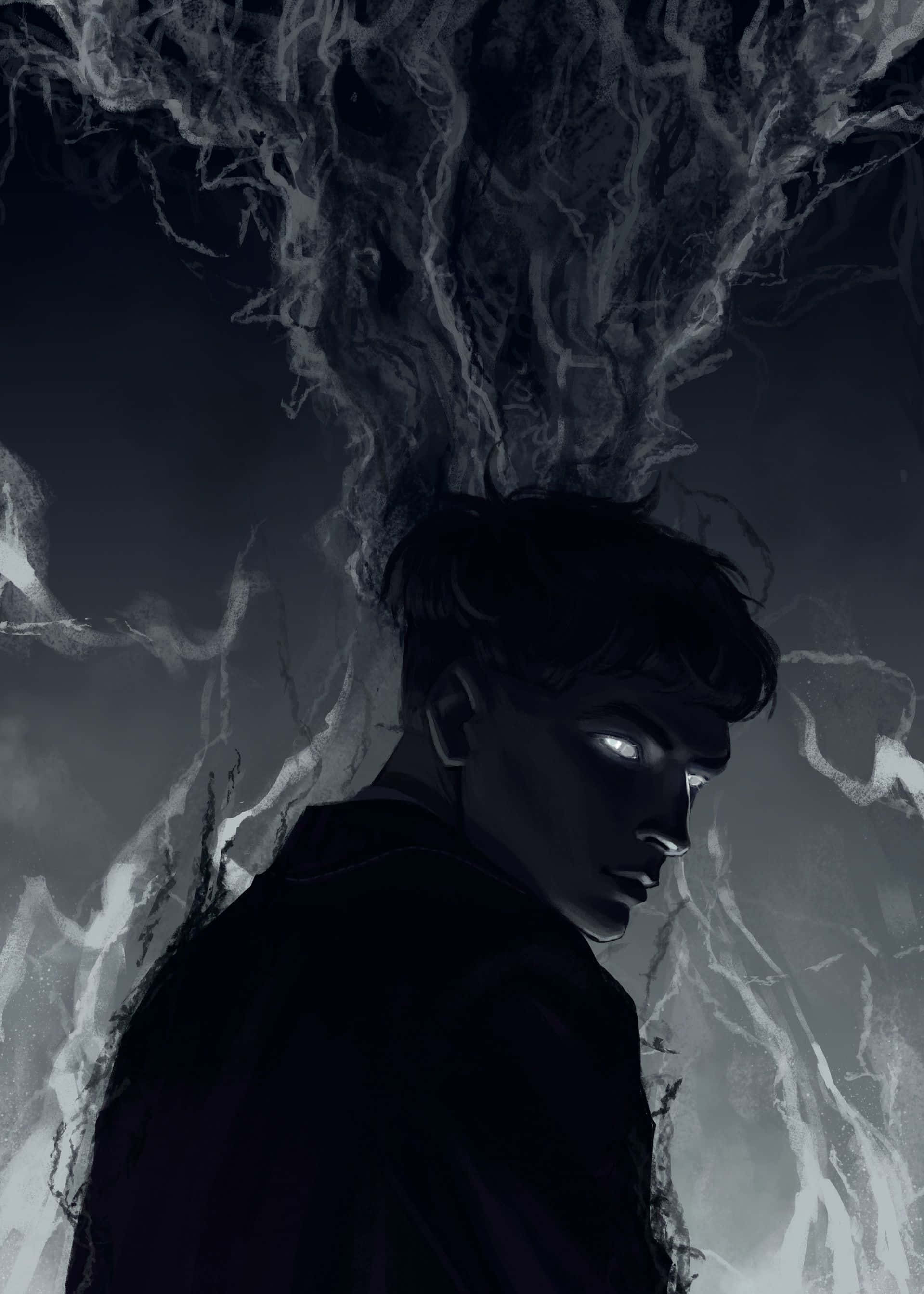 Dark Power 桌布 壁紙 — 一名深色頭髮、眼睛發光的男子向前凝視，靈幻的白色觸手在他頭部周圍旋轉，背景陰暗。