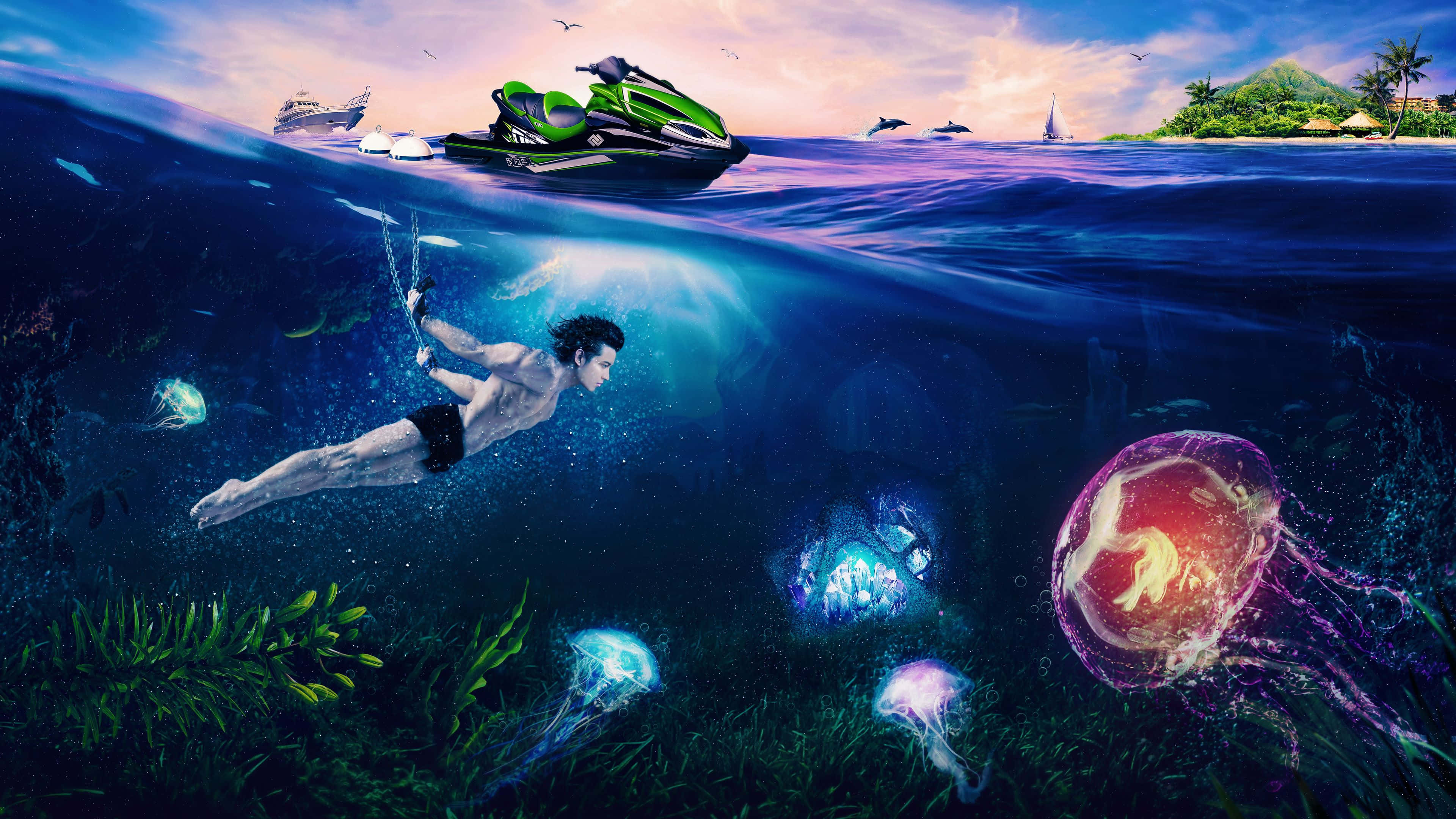 4K Jellyfish 桌布 壁紙 — 一名游泳者在水母發光的環境中滑行，靠近充滿活力的海底珊瑚礁，同時水上電單車在水面疾馳。