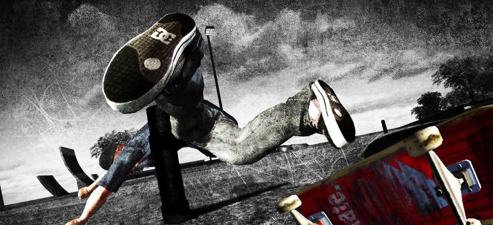 滑板少年美學 桌布 壁紙 — 一名滑板手在半空中表演技巧，以戲劇性的低角度拍攝，背景是粗糙的城市天空。