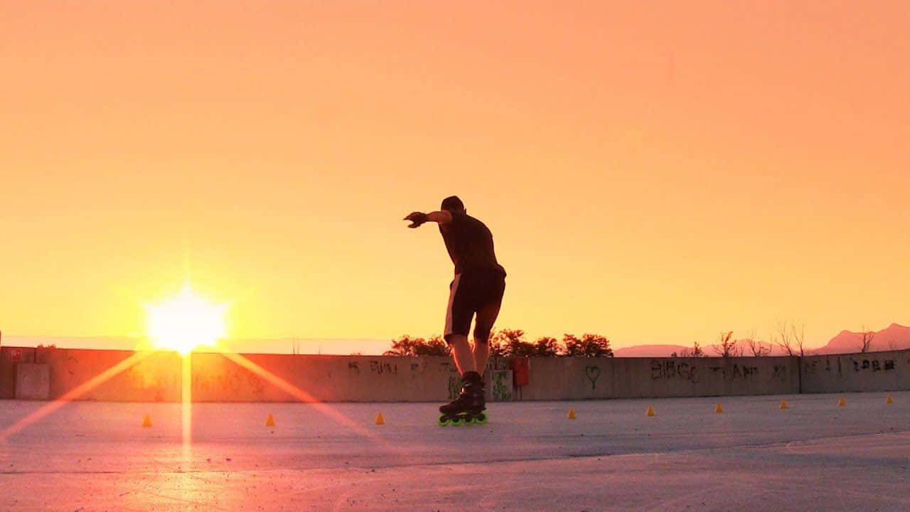 skateboarding 桌布 壁紙 — 一名滑板手在日落時分穿過雪糕筒，在溫暖的橙色天空和遠山背景下投下長長的影子。