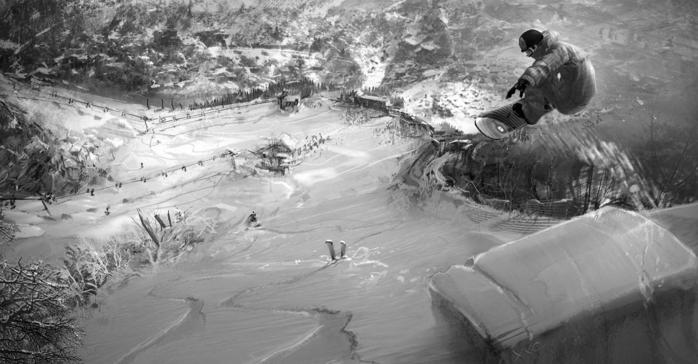 冬天 桌布 壁紙 — 一名滑雪板運動員在白雪覆蓋的山區度假村上空飛翔，下方有滑雪者和積雪覆蓋的樹木。