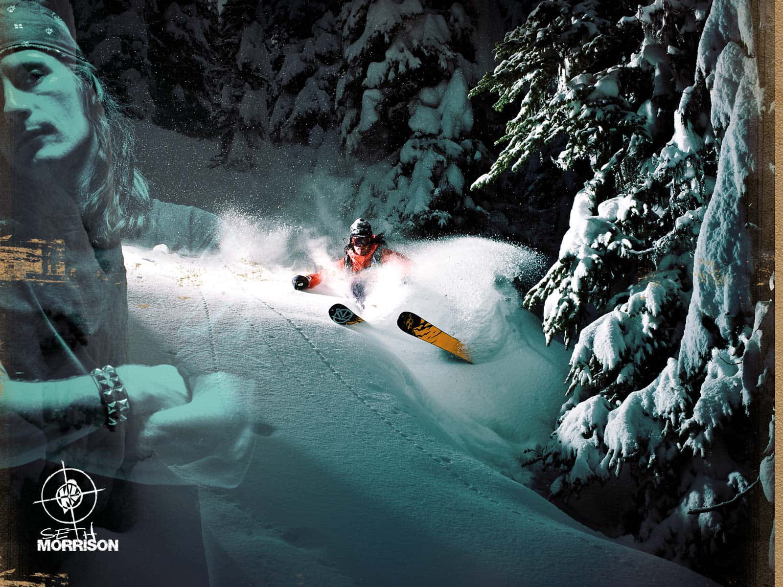 Skiing 桌布 壁紙 — 一名滑雪者在夜間穿越白雪覆蓋的森林中的深粉雪，並帶有幽靈般的肖像疊加。