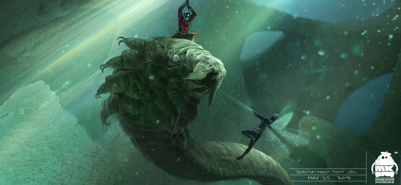 Quantum Realm 桌布 壁紙 — 一名潛水員在渾濁的綠色海水中與一條巨大的海蛇搏鬥，陽光穿透水面。