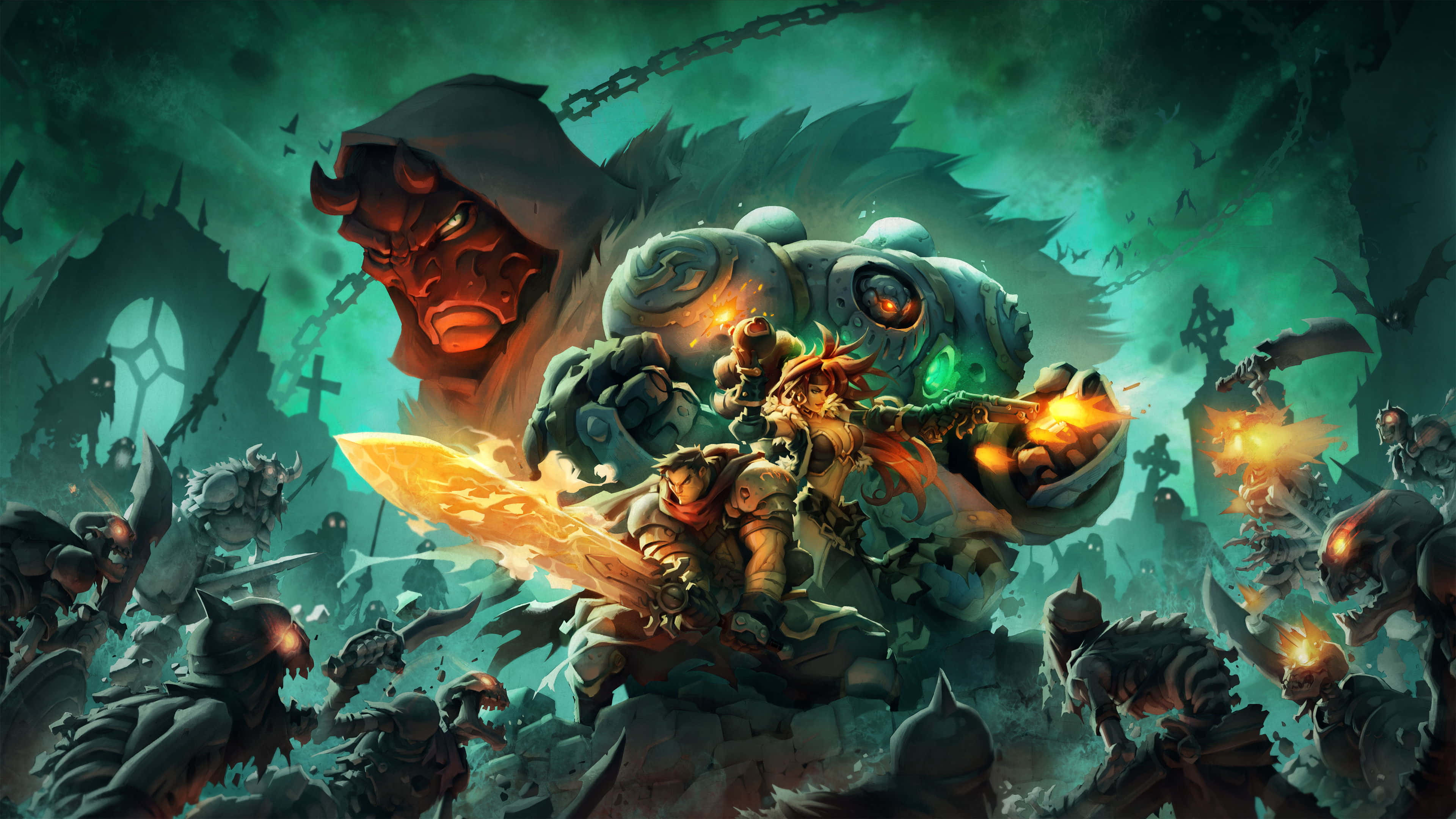 Rpg Games 桌布 壁紙 — 一名火熱的戰士在一個陰暗的綠色地獄戰場上，與一個若隱若現的紅色惡魔領主下的惡魔大軍作戰。