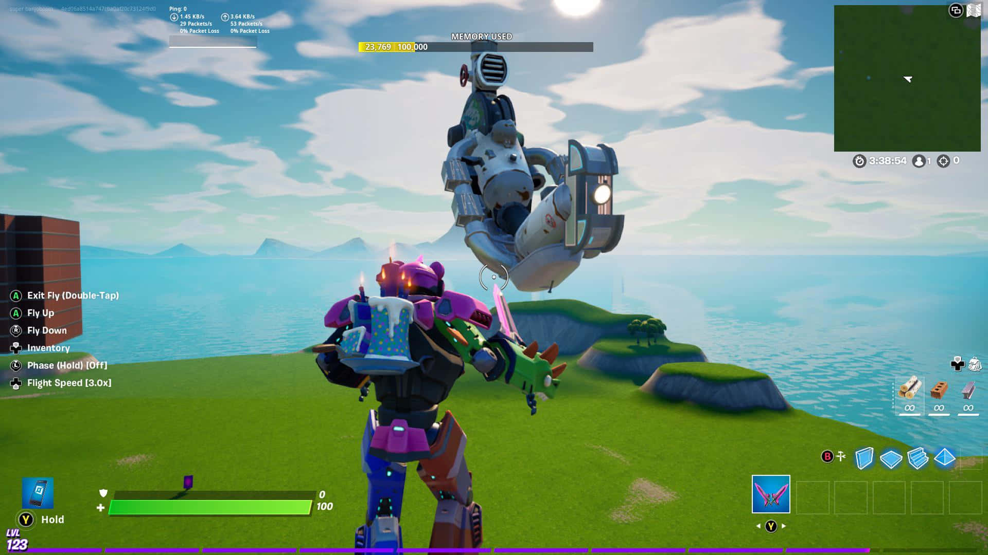 Creative Mode 桌布 壁紙 — 一名玩家身處色彩繽紛的機甲中，站在長滿草的島嶼上，一個漂浮的機器人在附近盤旋，下方是海洋和遠山。