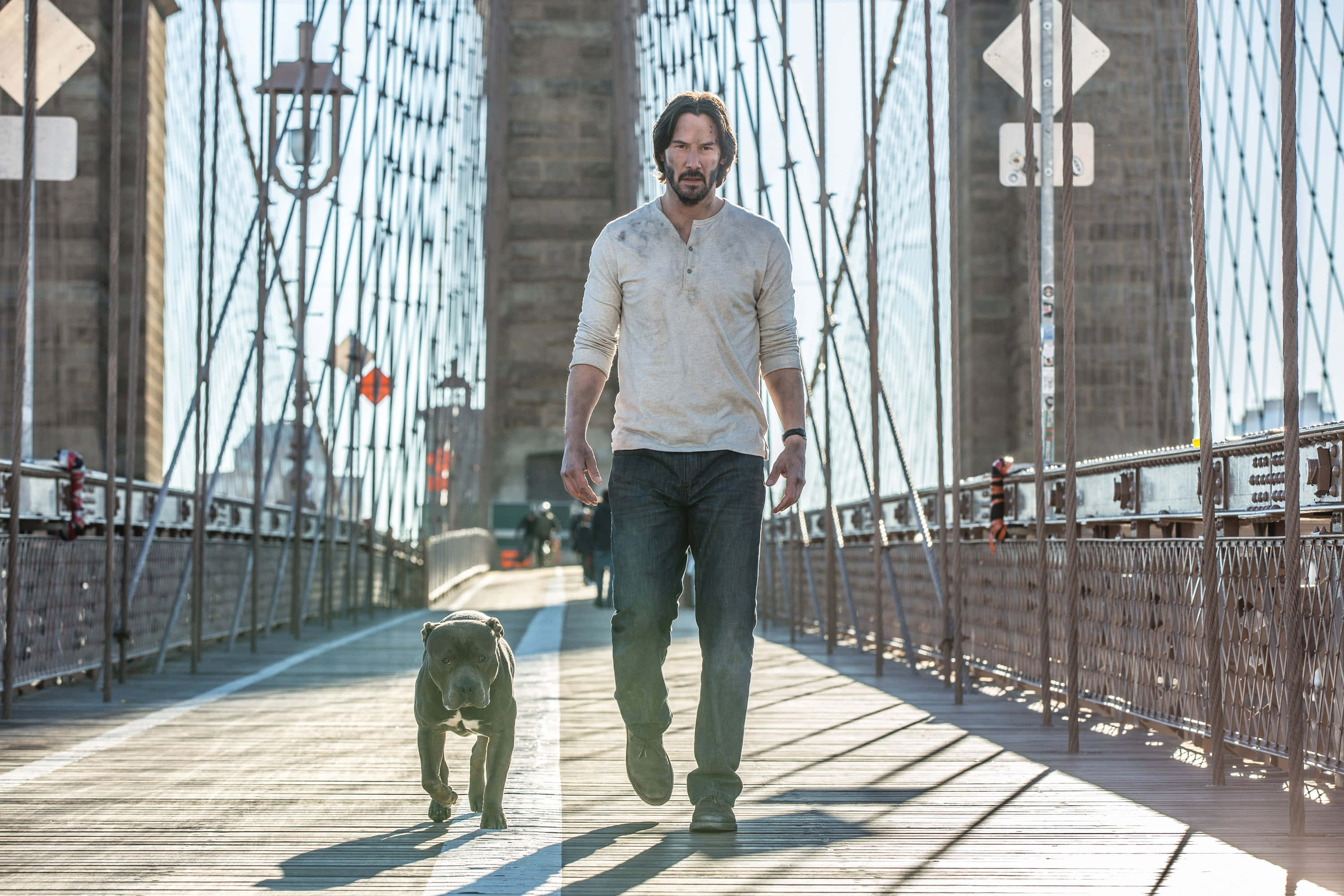 Keanu Reeves 桌布 壁紙 — 一名男子帶著他的比特犬走過一條陽光普照的吊橋，橋上有鋼纜和木板。