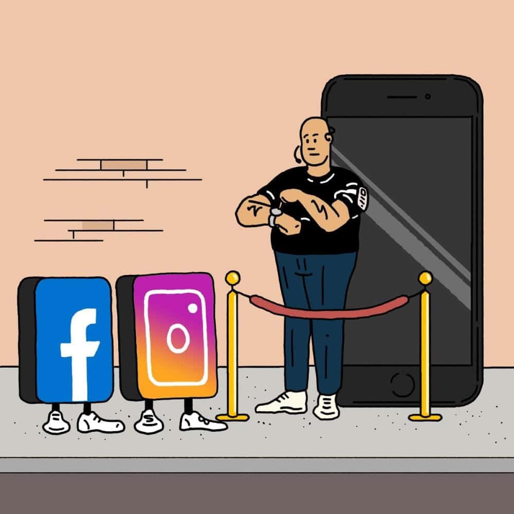 Media 桌布 壁紙 — 一名男子站在一部巨型智能手機旁守衛，Facebook 和 Instagram 的標誌在天鵝絨繩後排隊。