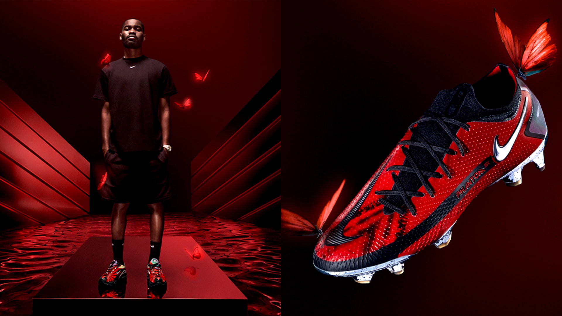 Nike Phantom X Skepta 壁紙 — 一名男子自信地站在紅色燈光走廊中，旁邊是一雙帶有蝴蝶裝飾的紅色足球鞋。
