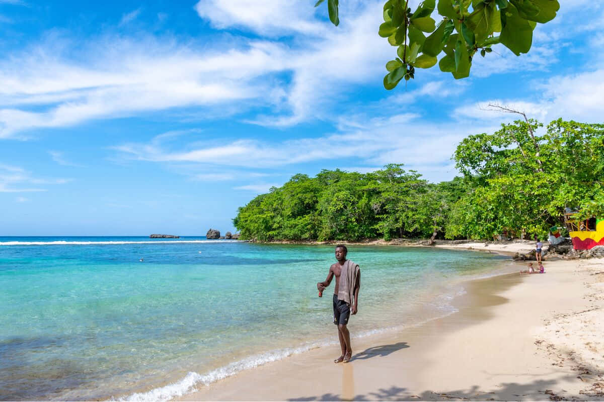 Jamaican Beach 桌布 壁紙 — 一名男子赤腳站在陽光明媚的沙灘上，沙灘上有碧綠的海水和茂密的綠樹，天空湛藍。