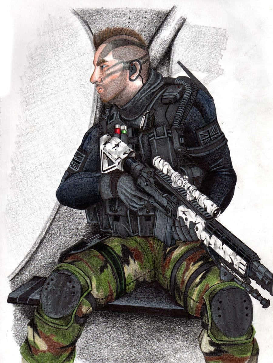 Soap Mactavish 桌布 壁紙 — 一名留著莫西干頭、身穿戰術裝備的士兵警覺地坐著，手持步槍，背景是混凝土牆。