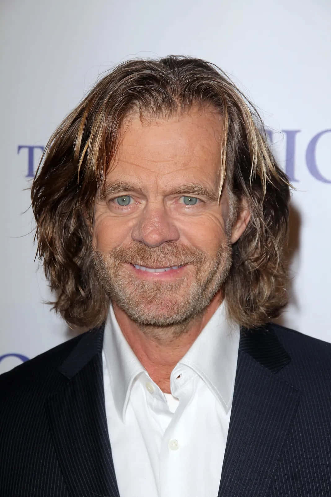 william h. macy 桌布 壁紙 — 一名留著長波浪棕色頭髮和鬍鬚的男士的特寫肖像，身穿深色西裝和白襯衫。