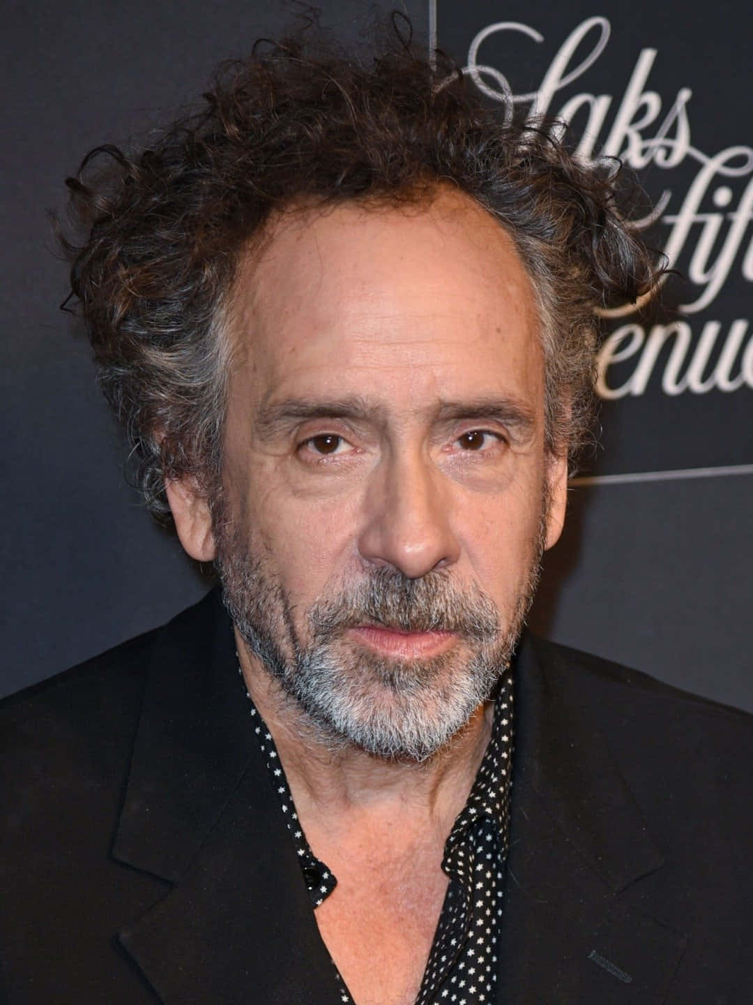 tim burton 桌布 壁紙 — 一名留著黑色捲髮和灰色鬍鬚、身穿黑色西裝和波點襯衫的男士特寫肖像。