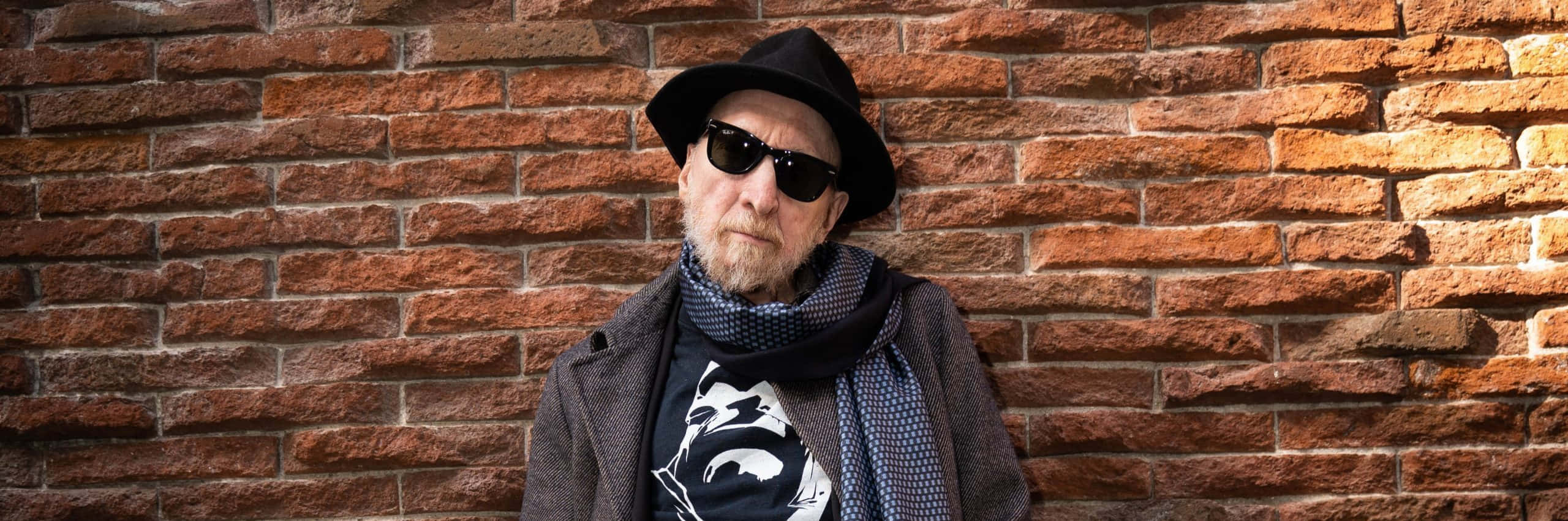 Frank Miller 桌布 壁紙 — 一名留鬍子、戴太陽眼鏡的男子，站在有紋理的紅磚牆前，戴著帽子、圍巾和圖案T恤。