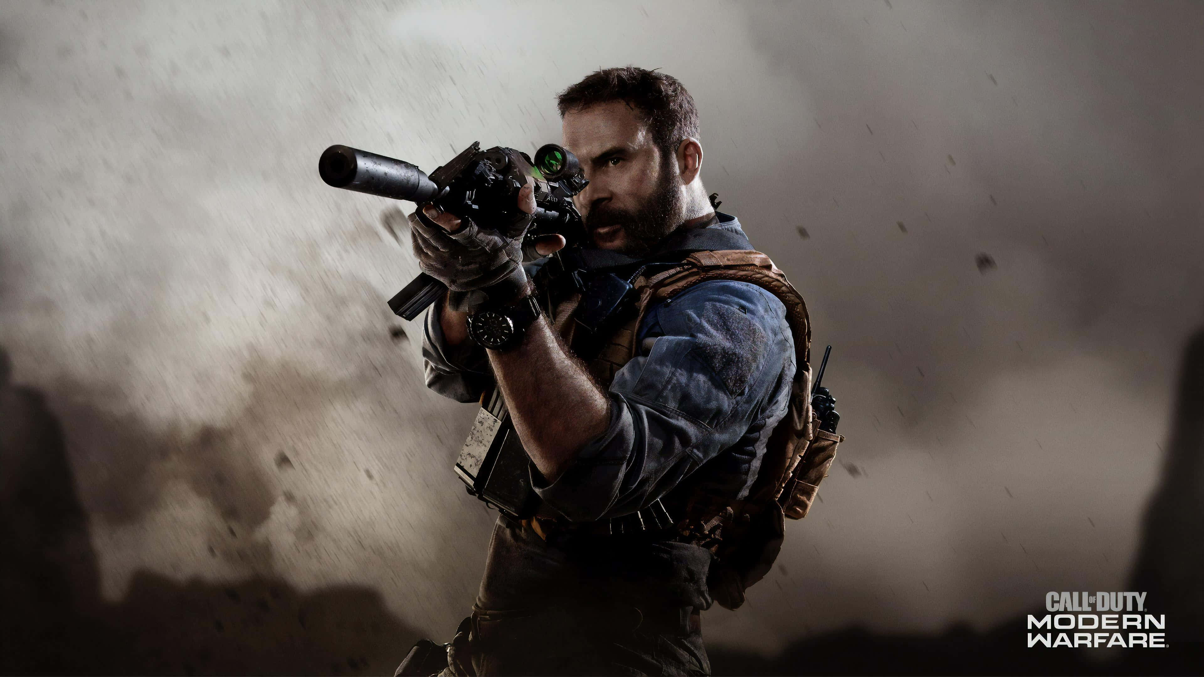Call Of Duty Weapons 桌布 壁紙 — 一名留鬍子的士兵在灰塵和煙霧中瞄準帶瞄準鏡的步槍，呈現 gritty 的戰場場景。