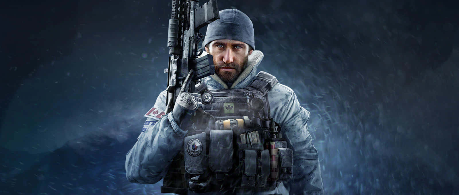 Rainbow Six Siege Jager 桌布 壁紙 — 一名留鬍鬚的士兵穿著冬季裝備，在黑暗的雪景背景下持步槍，雪花飄落。