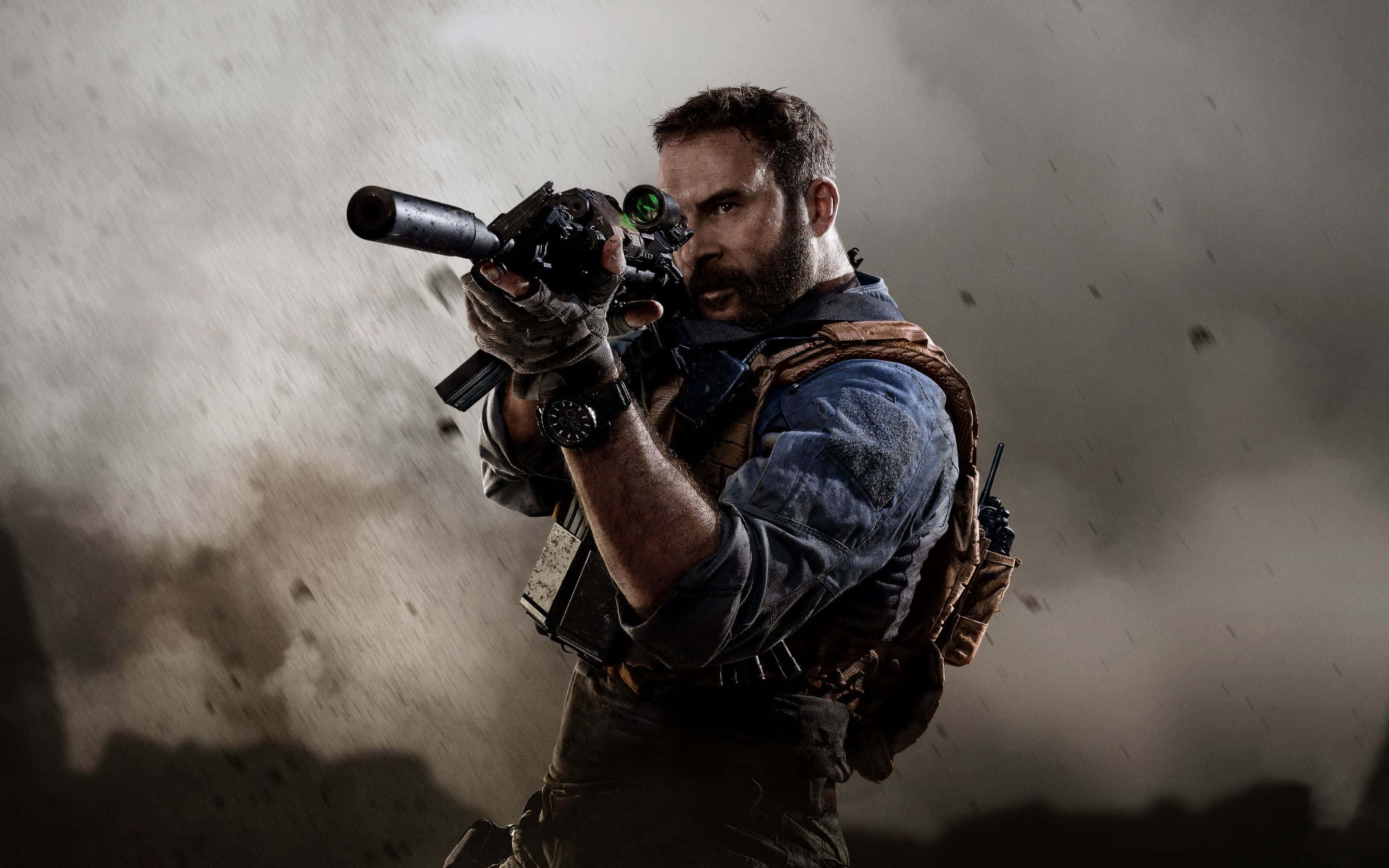 Call Of Duty Battles 桌布 壁紙 — 一名留鬍鬚的士兵身穿戰術裝備，在塵土飛揚的惡劣戰場上透過瞄準鏡瞄準步槍。
