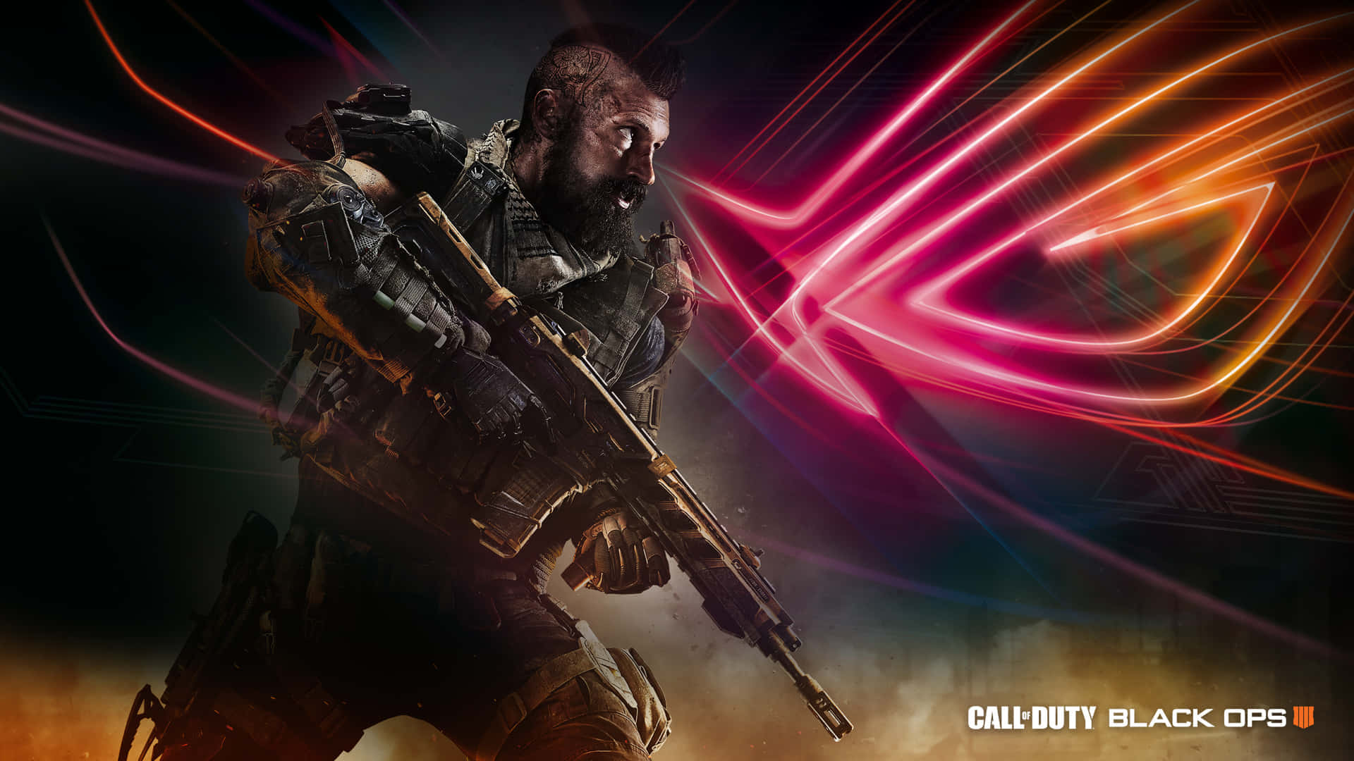 Call Of Duty Black Ops 4 桌布 壁紙 — 一名留鬍鬚的士兵身穿戰術裝備，在黑暗背景中握著步槍，背景有鮮豔的螢光粉紅和橙色光軌。