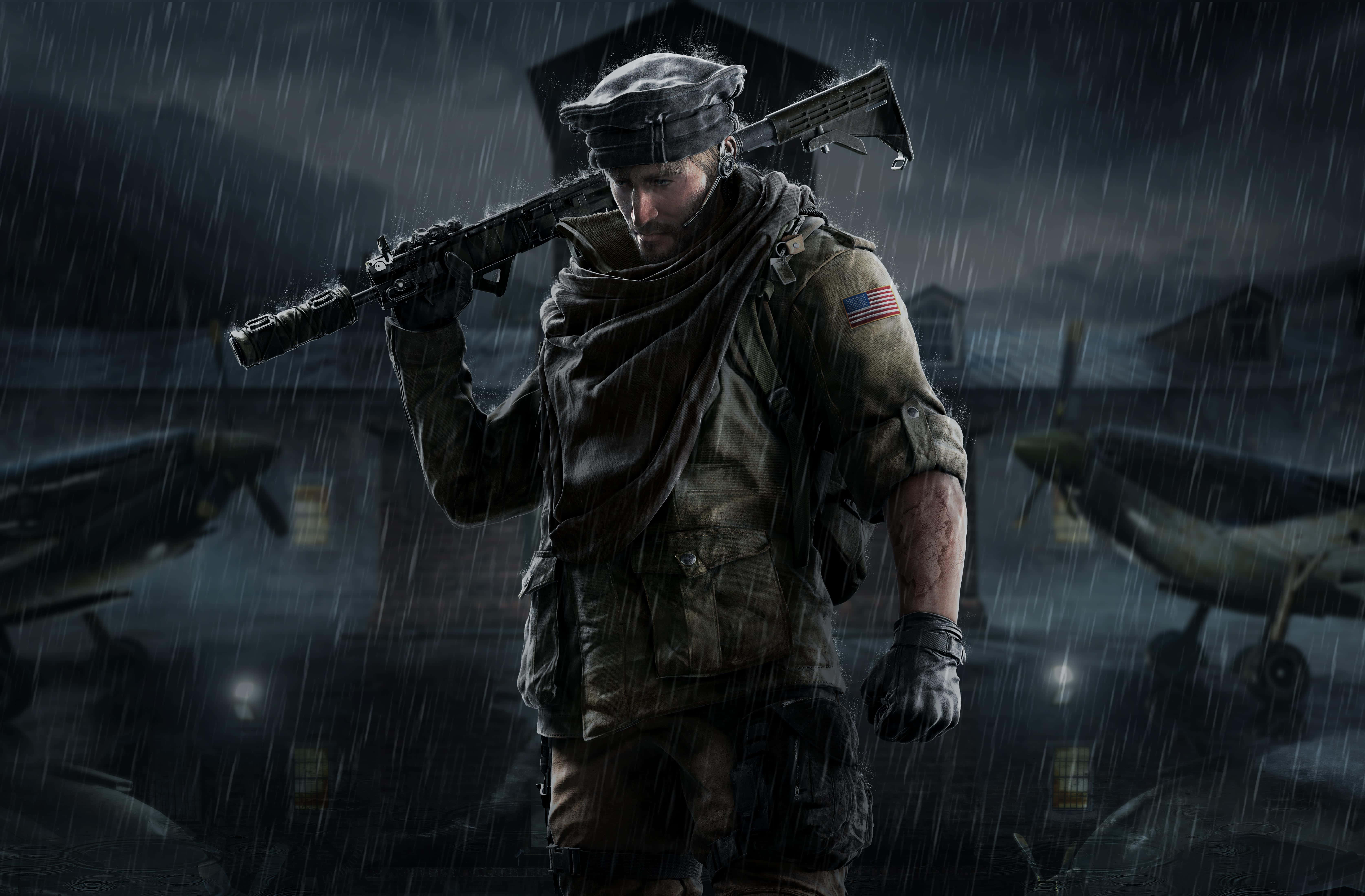 Rainbow Six Siege Maverick 桌布 壁紙 — 一名疲憊的士兵穿著濕透的裝備，在陰沉的戰時機場中背著步槍行走，背景有復古飛機。