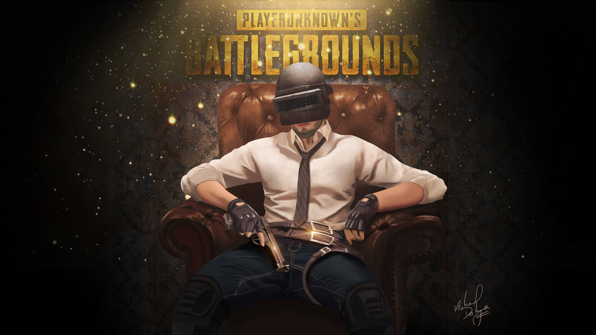 Playerunknown's Battlegrounds 桌布 壁紙 — 一名穿著PUBG裝備的玩家懶洋洋地坐在皮椅上，在金色發光文字下拿著手槍。