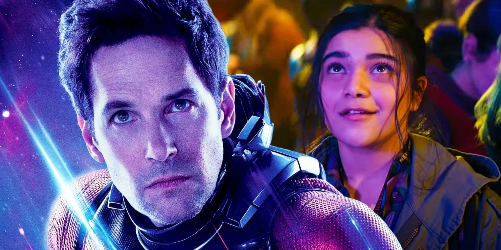 Mcu Phase Four 桌布 壁紙 — 一名穿著未來風格服裝的男子和一個年輕女孩在充滿閃爍星星和霓虹燈的宇宙背景下敬畏地仰望。
